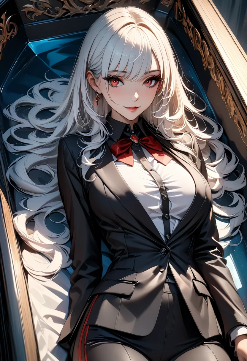 a mature vampire woman with big red eyes, white long hair, beautiful detailed face, laying down in a  coffin, simple pose, attractive figure, shot straight. detailed outfit, white shirt, tight black pants, (best quality,4k,8k,highres,masterpiece:1.2),ultra-detailed,HDR,UHD,studio lighting,ultra-fine painting,sharp focus,physically-based rendering,extreme detail description,professional,vivid colors,bokeh,dark fantasy,horror,chiaroscuro,dramatic lighting
