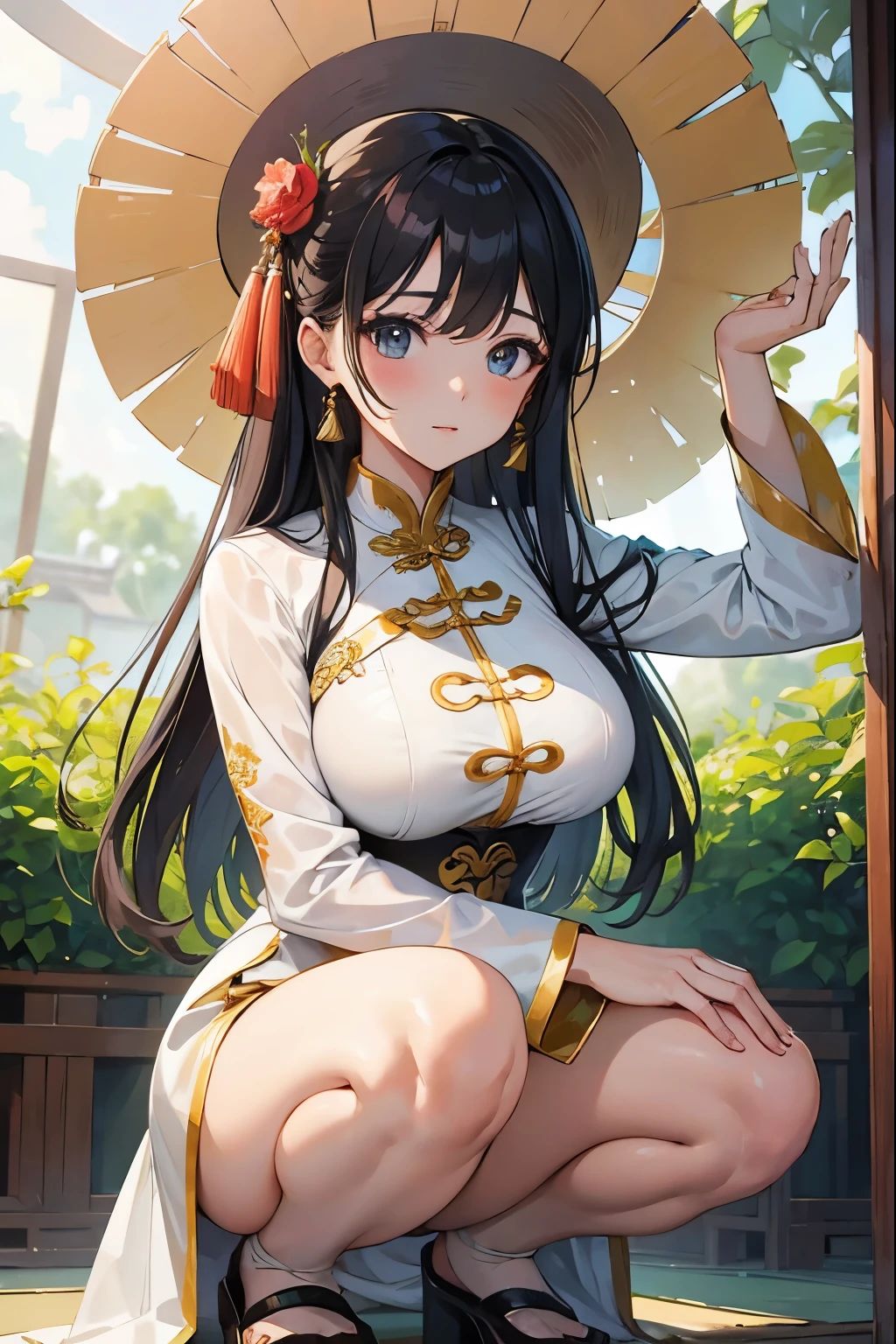 ((Highest quality)), ((High resolution)), ((masterpiece)), (detailed), 
View your audience, Written boundary depth, Anatomically correct, One mature woman, Perfect Face, Cute and symmetrical face, Shiny skin, 
(Long Hair:1.2, Straight Hair), Chestnut brown eyes, Long eyelashes, (Big Breasts:0.8), 
Beautiful Hair, Beautiful Face, Beautiful details, Beautiful clavicle, Beautiful body, Beautiful breasts, Beautiful thighs, Beautiful feet,
(Ao Dai, National costume, Delicate embroidery), (Cute Smile), Beautiful views, Walk along the riverside path, Lotus flowers in the river, 