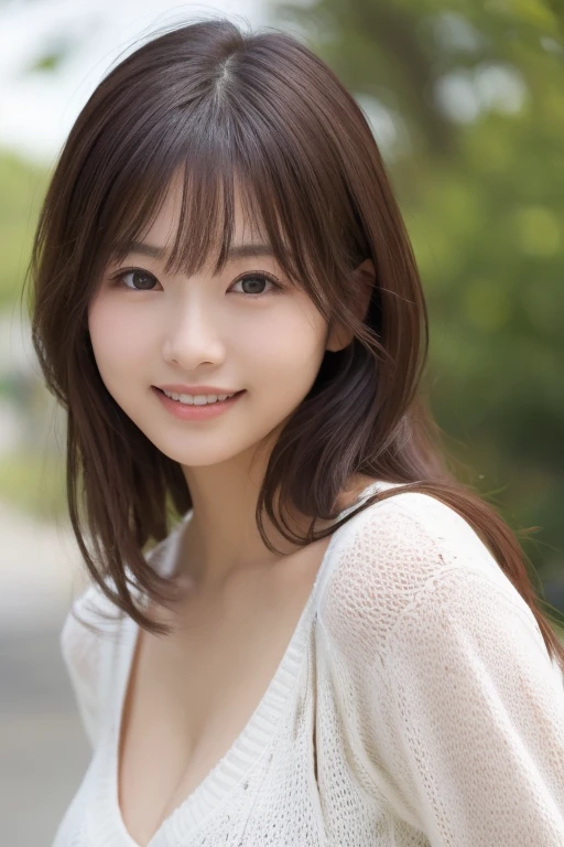 Photo-realistic quality、 taking a portrait in the park、Elegant Japanese woman, I'm wearing a white summer sweater, Cute Japanese Actress,  looking at the camera、Detailed and beautiful eyes、Cute smile、A soft and gentle look、 cleavage