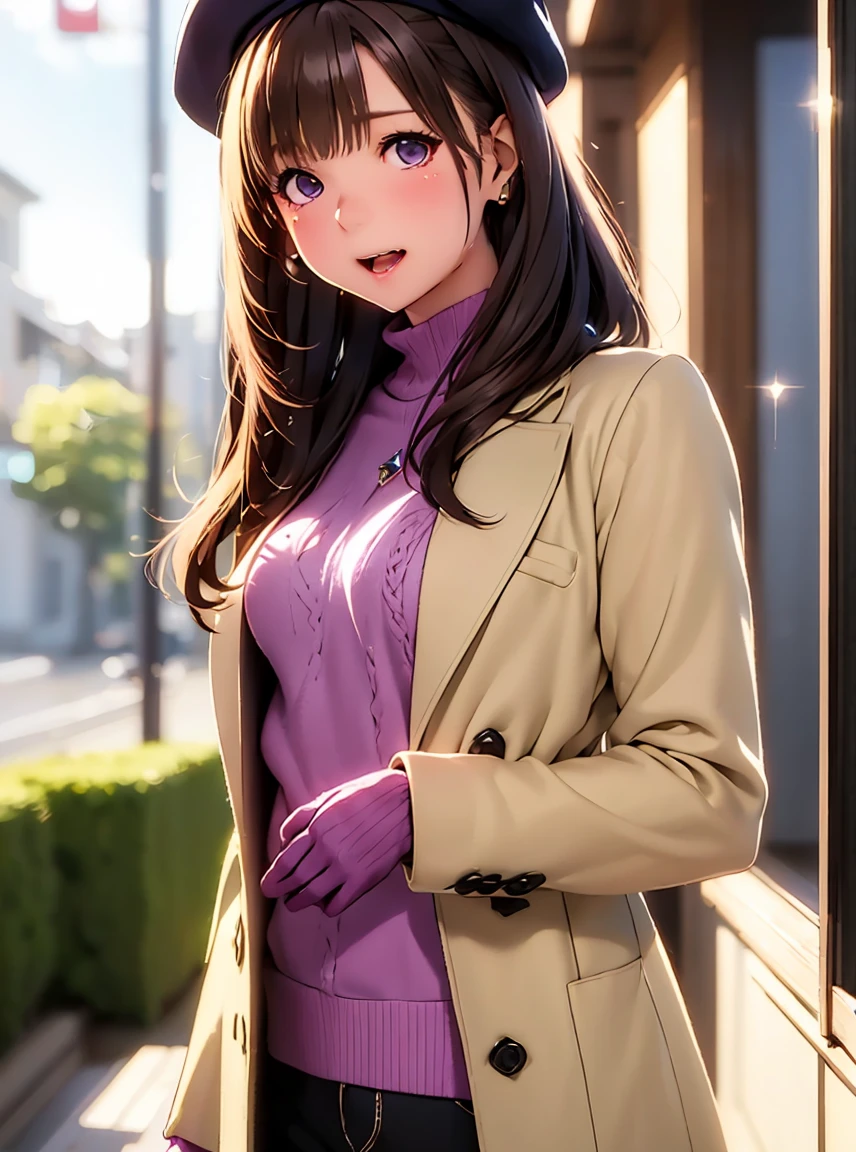   high resolution ,In 8K, highest quality, Details,Semi-realistic anime, D Anime Style , Smooth Anime CG , one girl playing pranks,18 year old Japanese female,slim,modeling,VERY STRAIGHT HAIR ,  pink sparkling lips ,  Glossy Black Hair , Detailsな顔,Beautiful and  Details, ,(( sparkling amethyst like jewels)),( small breasts),(Open and close your mouth ),( embarrassed face),(( Avril Lavigne )), (Beret),(冬 clothes, Long coat, Mittens, Gloves, Long pants)
