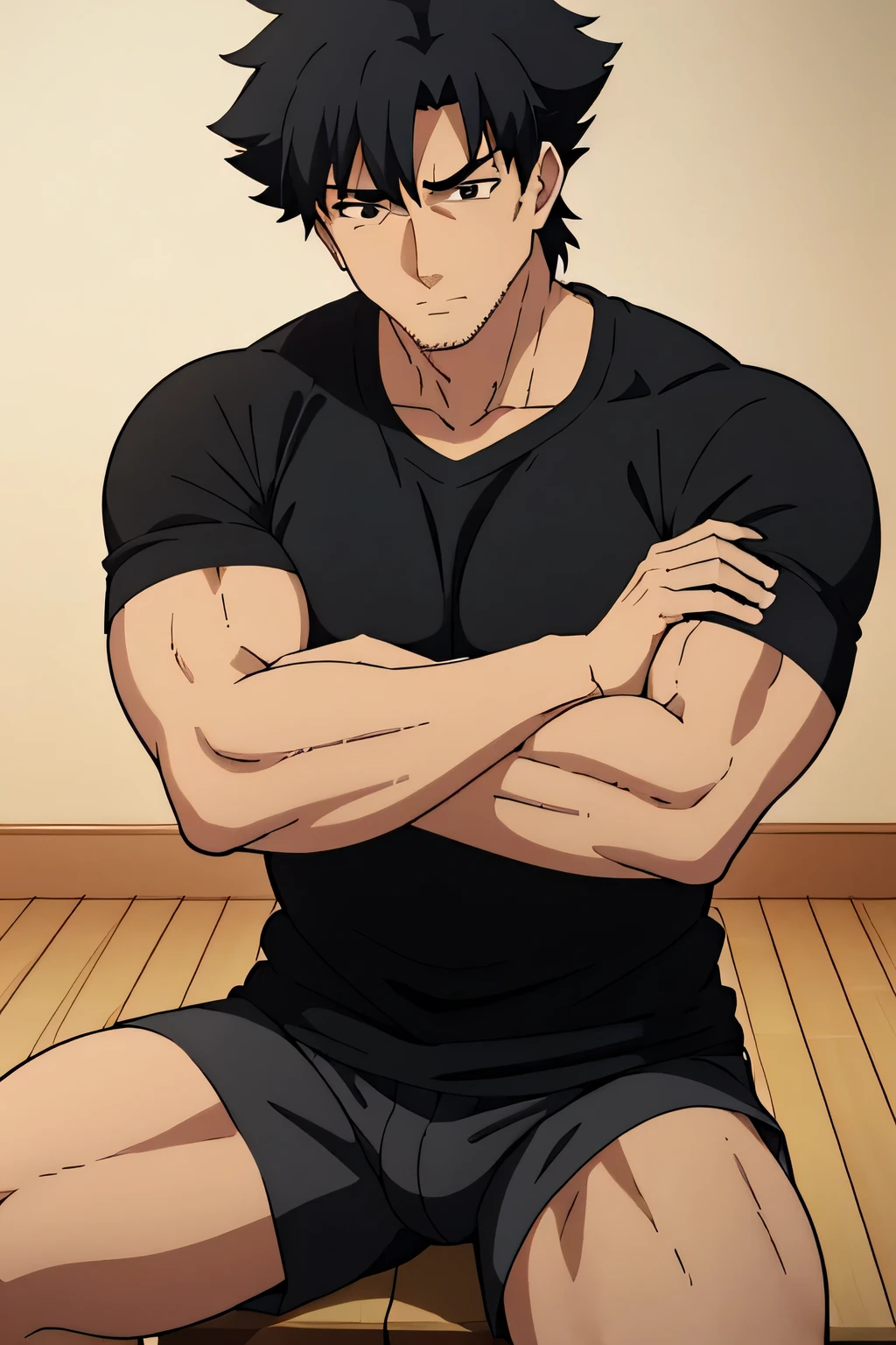 Kiritsugu is sitting and flexing his biceps. He is wearing a black tshirt with short sleeves. The right sleeve is completely rolled up, so you can see his entire arm. He wears black short boxershorts. You can see his thighs completely. He has a huge bulge. He is admiring his arms by touching them. His arms are full of visible huge veins.