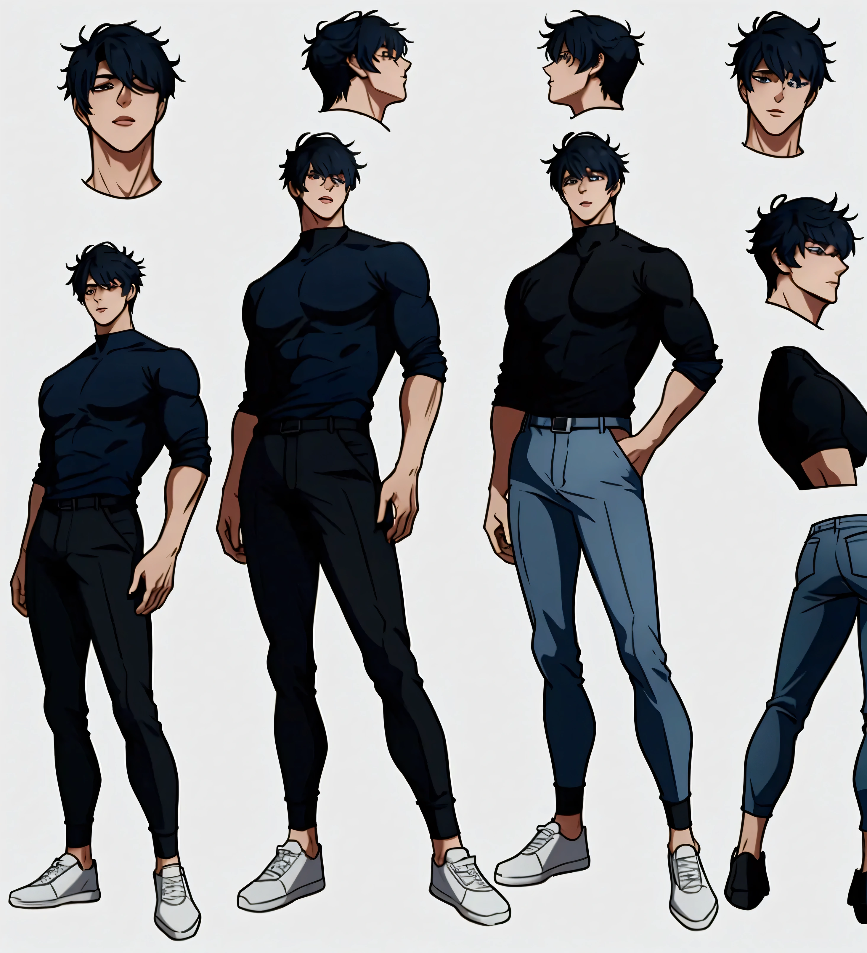 Character Sheet, Character Design, male, 20 years old, black hair, modern clothes, blue sweater, black pants, white shoes, ((masterpiece)), 4K, 8K, 16K, UHD, Ultra HD, Ultra detailed