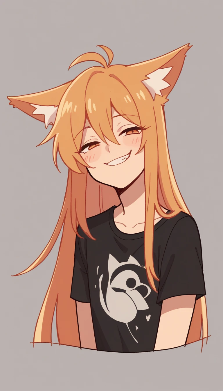  Best quality,  Very detailed illustration, (boy:1,7), fox ears,  tousled voluminous long hair of golden color, Slim, ideal bod, Simple drawing, Artifyber style, pastel flat colors, Cute, cartoon, Smug Bitches, black t-shirt 