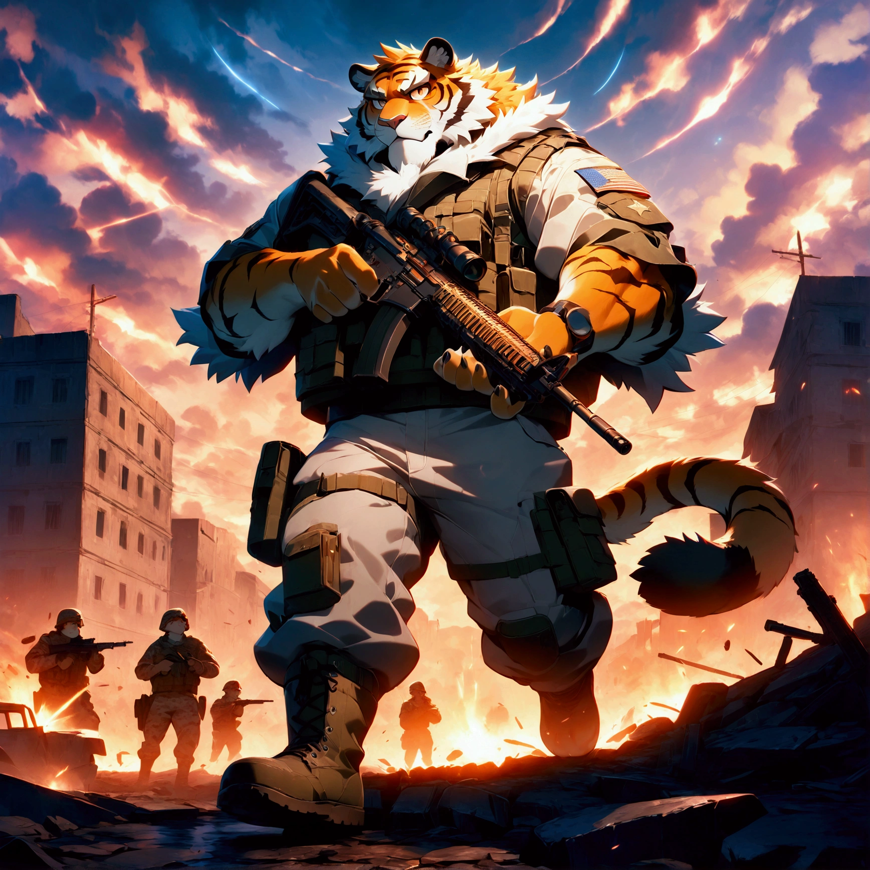 character focus, full body, looking away, dynamic angle, military, sergeant, plump middle-aged tiger man, set up assault rifle, costume clothes, jacket, shirt, pants, boots standing, fighting, BREAK full body in Michelangelo Buonarroti style, housamo style, digital illustration anime, detailed painting landscape, battlefield, outdoor, full color, HDR, BREAK complete anatomy, perfect proportions, beautiful thigh gap, fluffy body, intricate fur details, beautiful fur texture, BREAK a detailed tiger 1tail, detailed toe, 5toes, 5toes nails, detailed foot, detailed hands, 5fingers, 5fingers nails, BREAK aesthetic anime face, insanity detailed face, male face, big face, square jawline, aesthetic anime eyes, detailed brown eyes, detailed brown cornea, detailed dark brown irises, detailed pupils, male eyes, big eyes, male eyebrows, innocent look, beautiful beard, BREAK masterpiece, official art, best quality, very aesthetic, absurdres, super fine illustration, great quality, BREAK noise reduction, very highres, large filesize, high quality, 32K, 8k wallpaper, dynamic lighting, BREAK insanity detailed, ultra detailed, intricate details, extremely detailed, detailed texture, an extremely delicate and beautiful, BREAK e621 illustration, osukemo, kemohomo, anthropomorphic, furry, cartoon, harmonious, pastoral face, virtuous eyes, military atmosphere