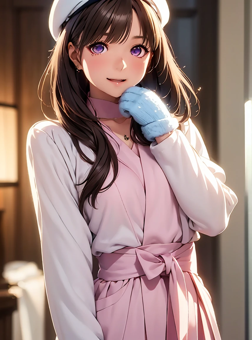   high resolution ,In 8K, highest quality, Details,Semi-realistic anime, D Anime Style , Smooth Anime CG , one girl playing pranks,18 year old Japanese female,slim,modeling,VERY STRAIGHT HAIR , Medium Hair Pink Sparkling Lips,  Glossy Black Hair , Detailsな顔,Beautiful and  Details, ,(( Jewel-like Amethyst Sparkling Eyes )),( small breasts),(Shut your mouth.),(Laughter),(( Avril Lavigne )), (White Beret),(冬 clothes, Light Blue Long Coat , Mittens, Gloves, Long pants)
