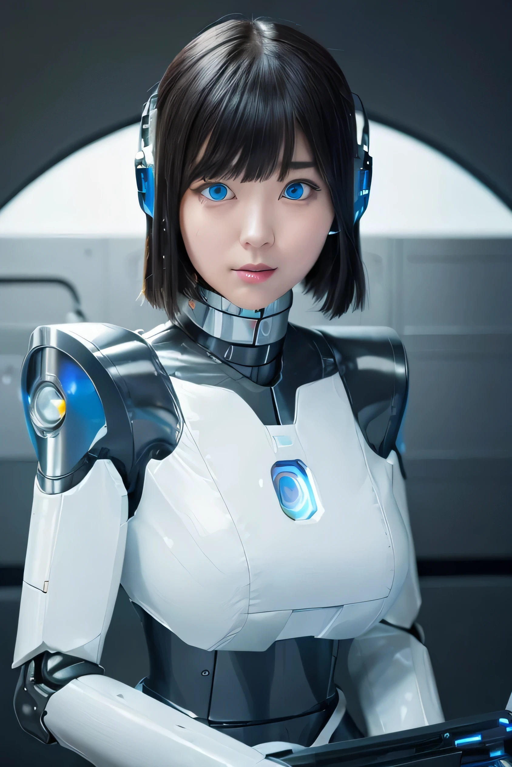 masterpiece, best quality, extremely detailed,  Japaese Cyborg girl,Plump , control panels,android,Droid,Mechanical Hand, Robot arms and legs, Black Robot Parts,Black hair,Mechanical body,Blunt bangs,White robotics parts,perfect robot girl,long tube,thick cable connected her neck,ceramic body ,mechanical body, mechanical ear cover, mechanical costume,android,robot,humanoid,cyborg,japanese android woman ,mechanical chest,blue eyes,future laboratory,connecting a cable between the legs,