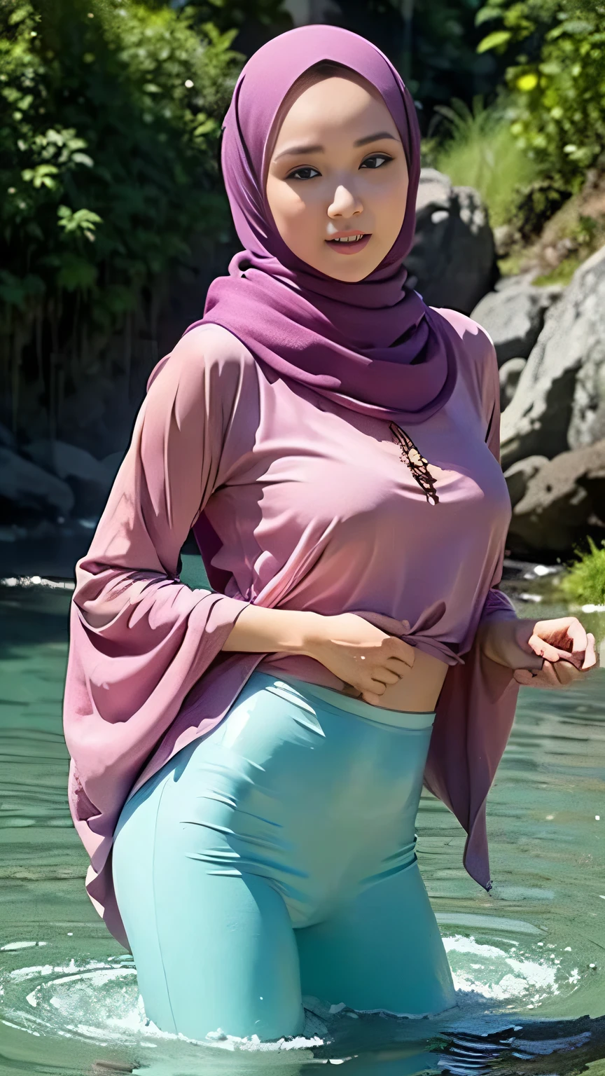 ((best quality)), ((masterpiece)), (detailed), perfect face, women bathe in the water fall, realistic, real skin, perfect anatomy, wearing hijab, wearing kaftan, splash water, real face, photographic, model, indonesian, wearing legging, wet shirt, wet skirt, evil laught