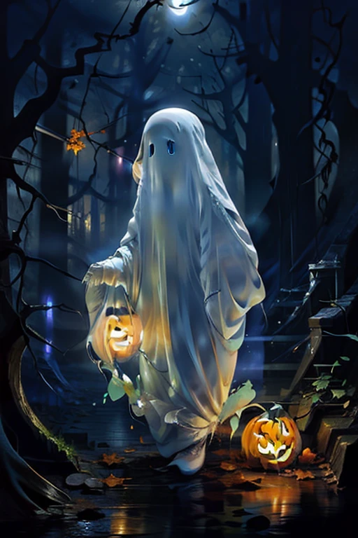 Masterpiece,Best quality,Ultra-detailed,Photorealistic,Realistic,Photography,1girll,ghost,Ghost costumes,pumpkins,forest,Night,Moon,