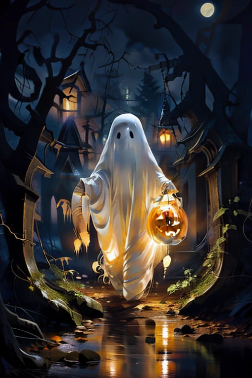 Masterpiece,Best quality,Ultra-detailed,Photorealistic,Realistic,Photography,1girll,ghost,Ghost costumes,pumpkins,forest,Night,Moon,