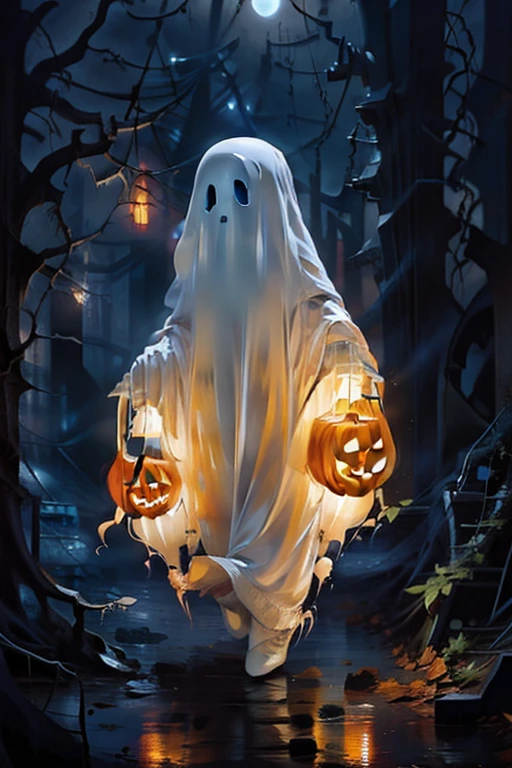 Masterpiece,Best quality,Ultra-detailed,Photorealistic,Realistic,Photography,1girll,ghost,Ghost costumes,pumpkins,forest,Night,Moon,