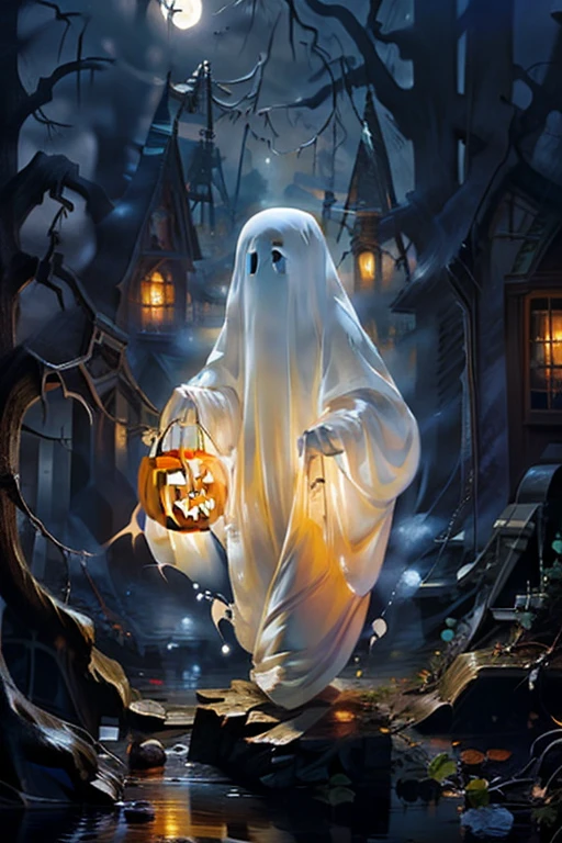 Masterpiece,Best quality,Ultra-detailed,Photorealistic,Realistic,Photography,1girll,ghost,Ghost costumes,pumpkins,forest,Night,Moon,