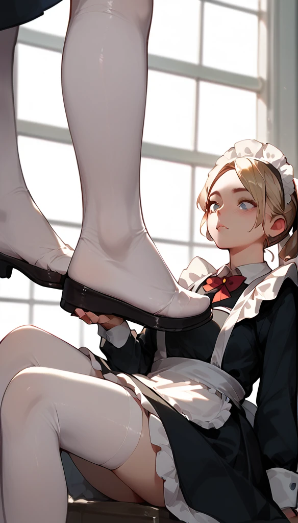 Anime Women, Maid,  white stockings , raised leg, feet on throat, Stomping of feet on neck, looking down, head out of frame, throw