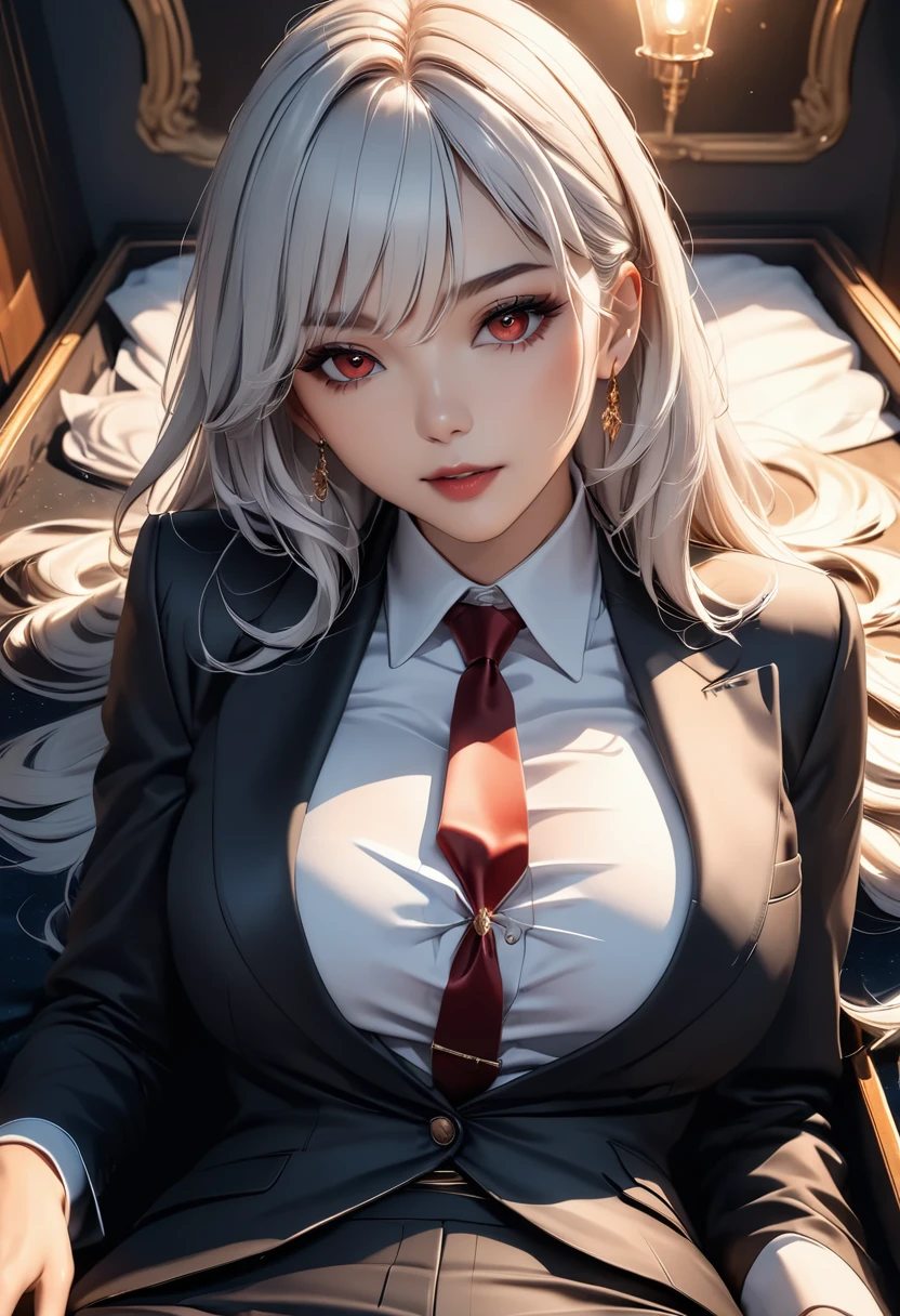 a mature vampire woman with big red eyes, white long hair, beautiful detailed face, laying down in a coffin, simple pose, attractive figure, shot straight. detailed outfit, white shirt, tight black suit, tie, tight black pants, (best quality,4k,8k,highres,masterpiece:1.2),ultra-detailed,HDR,UHD,studio lighting,ultra-fine painting,sharp focus,physically-based rendering,extreme detail description,professional,vivid colors,bokeh,dark fantasy,horror,chiaroscuro,dramatic lighting
