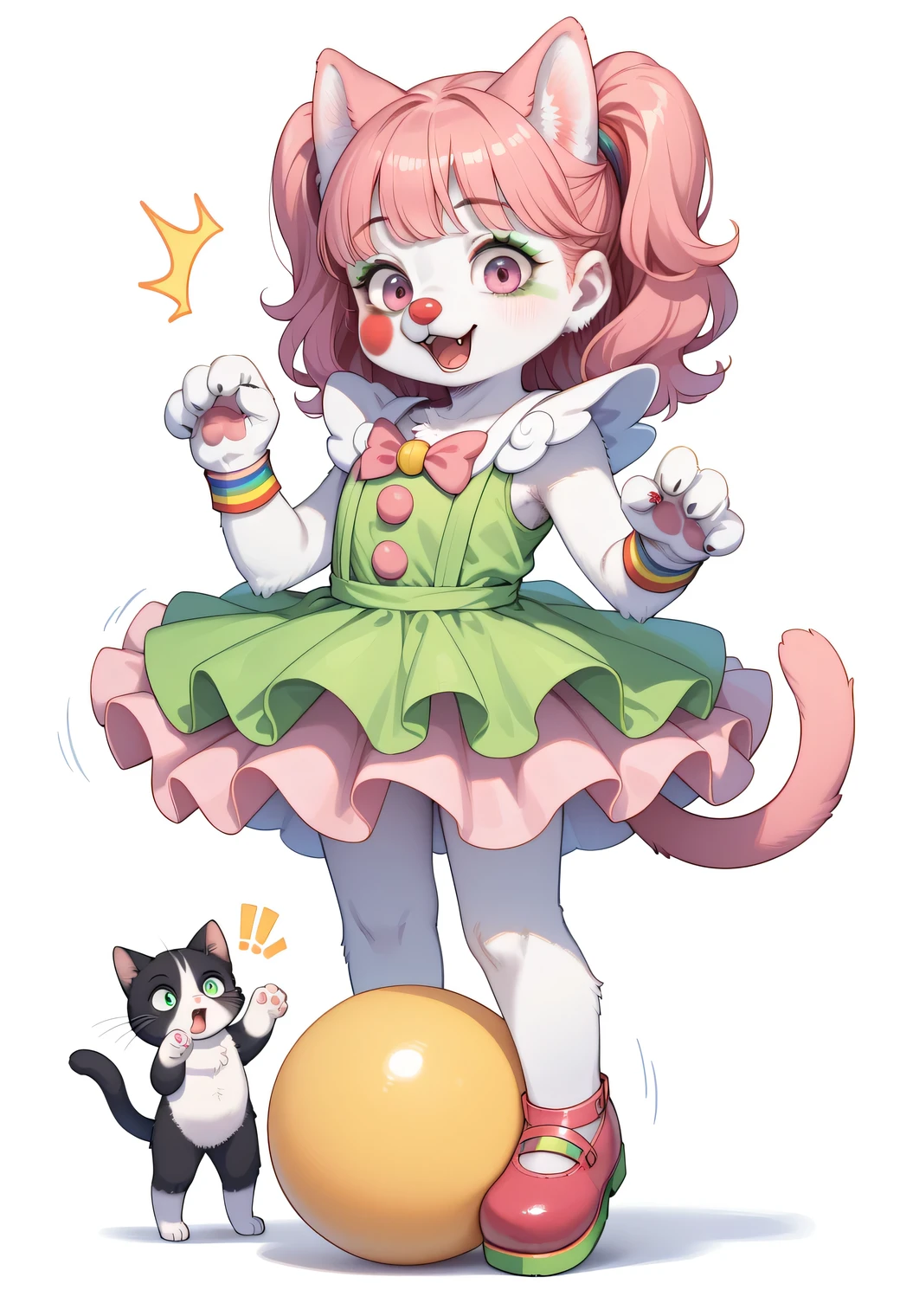 score_9, score_8_up, score_7_up, score_6_up, score_5_up, score_4_up, source_cartoon, best quality, amazing quality, very aesthetic, absurdres, 1girl, (furry, kemono:1.2), cat, cat girl, circus, clown, white background, simple background, ball, alone, pink eyes, full body, motion lines, open mouth, surprised, big eyes, wearing red, yellow, green clown costume. Clown makeup with arms extended forward, balancing, swaying, on colorful ball,