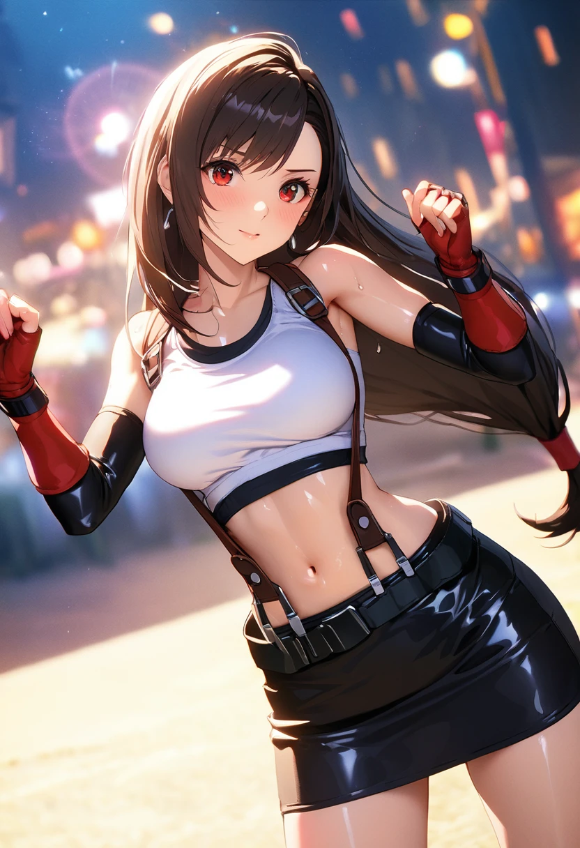 score_9, score_8_up, score_7_up, BREAK, score_9, smile, 7rtif, red eyes, black hair, low-tied long hair, earrings, sports bra, black suspenders, pleated miniskirt, black thighhighs, arm guards, elbow gloves, fingerless gloves, looking at viewer, cowboy shot, ass, from behind, night, city