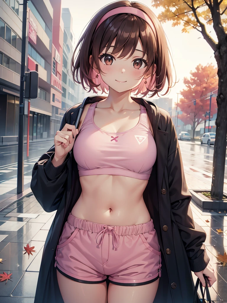  high resolution,cute, Brown Eyes ,Brown Hair,20-year-old woman,solo,Five beautiful fingers, pink sports bra , pink shorts,I'm wearing a pink hair band,smile,B Cup, short hair, looking at the camera ,Blurred Background,morning,Autumn park, long coat ,rain,Holding an umbrella,rainで濡れた服,