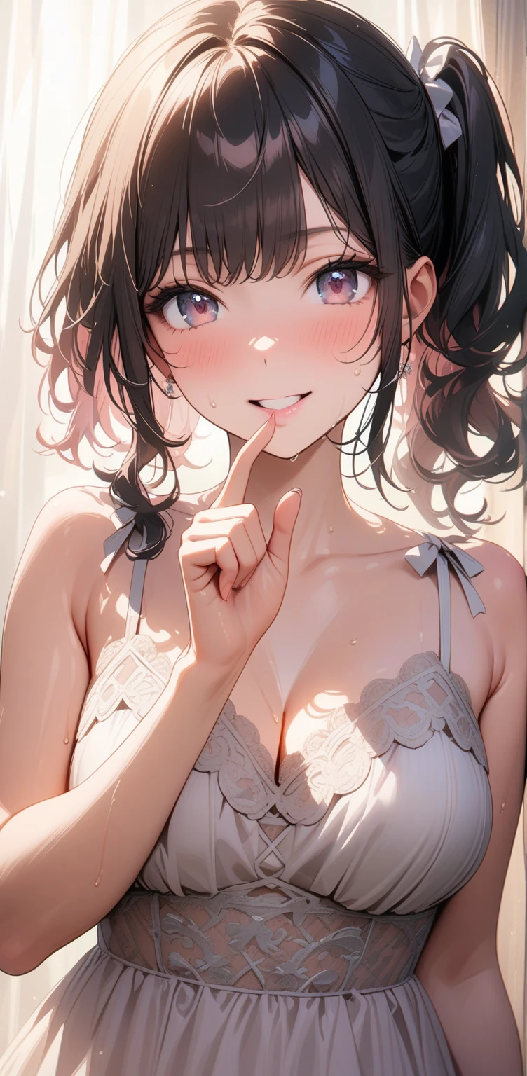 （a side ponytail:1.3）、steam.wet. drools、   embarrassing expression   、 composition focusing on the face  、nsfw.（Highly detailed transparent embroidered lingerie :1.3）、1 female, (  focuses on the chest , Pointing in front of the mouth   :1.2),     A woman with a gentle expression places her index finger on her mouth "Quiet" Pose,   hair color in soft pink and beige shades ,   natural light creates gentle shadows on the face,   soft wavy hair and smooth skin , Warm light shines in,  A little star shining in your eyes ,   long eyelashes , Soft lip lines, Natural three-dimensional effect,  gentle smile, ((masterpiece)), ((  highest quality )), (  very detailed ), (  very detailed )), 4K, (8k),   so beautiful,  absurd,  Kampala ,