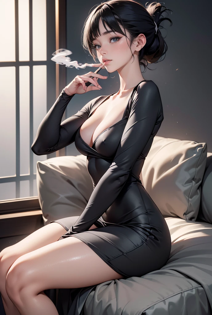 ((masterpiece、highest quality、realistic、Super detailed、High resolution、Photoreal、sharp focus, 8k)), (Face_to_below_knee:1.35), wide shot, cowboy_shot, (((A beautiful 18-year-old girl is smoking an electronic cigarette while sitting on a bed in a dark room. She has a black mask on her chin))), ((from side:1.2)), Photographing a sexy beautiful girl, dark massage room background, With an oval face and symmetrical facial structure,  big booty, medium breasts, (((black mask, grey Long tight dongtan dress, cleavage))), Big eyes, brown eyes, (((blunt bangs:1.3, small folded ponytail, black hair))), soft skin, pale white skin, white arms, seductive smile, high color saturation、high contrast、detailed hand drawn,(blush:1.3), ((slender beautiful body shape)), {{korean girl}}, {{oiled shiny skin:1.47, shiny skin:1.4}}, dark room, (dark:1.37)