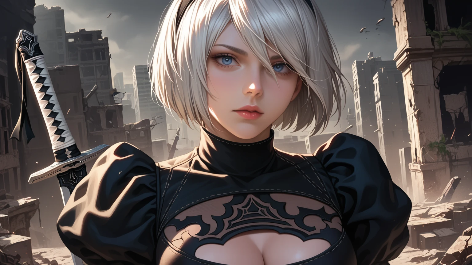 score_9, score_8_up, score_7_up,source_photo,
realistic, bright colors, high contrast, vivid lighting,
a mature adult woman draw inspiration from 2B_\(nier:automata\), 
detailed face, beautiful face, face in sharp focus,  
anatomically correct body, perfect hands, perfect fingers, 
bob cut, silver hair, black hairband, 
2B skirt, nier dress, cleavage cutout, skirt, thigh highs under boots, long sword,
dark background, city ruins, 

