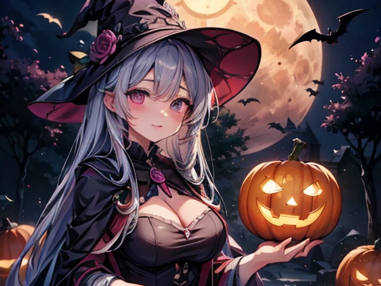 purple and silver hair,witch,  alien world , charming,  Movie Lighting  ,8k, Jack O Lantern  ,full moon