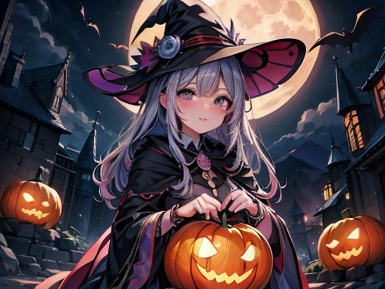 purple and silver hair,witch,  alien world , charming,  Movie Lighting  ,8k, Jack O Lantern  ,full moon