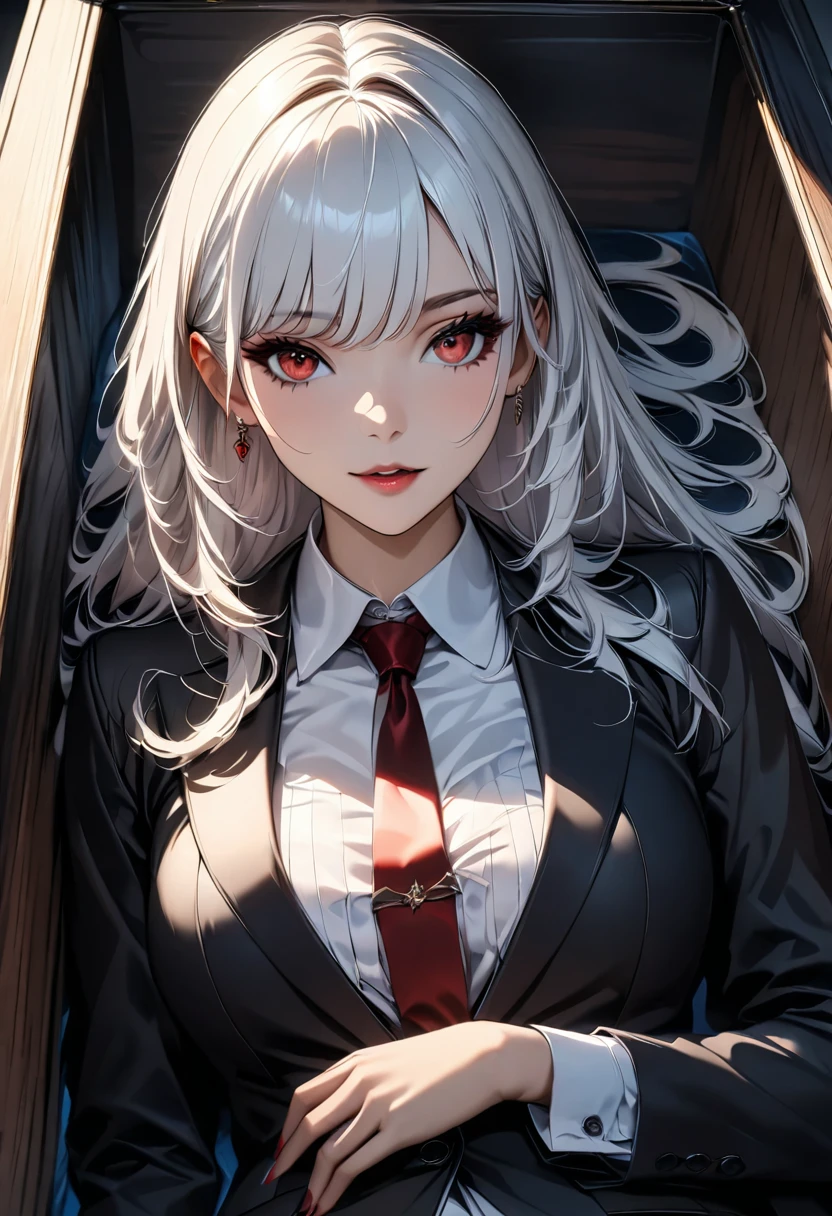 a mature vampire woman with big red eyes, white long hair, beautiful detailed face, laying down in a coffin, simple pose, attractive figure, shot straight. detailed outfit, white shirt, tight black suit, tie, tight black pants, (best quality,4k,8k,highres,masterpiece:1.2),ultra-detailed,HDR,UHD,studio lighting,ultra-fine painting,sharp focus,physically-based rendering,extreme detail description,professional,vivid colors,bokeh,dark fantasy,horror,chiaroscuro,dramatic lighting
