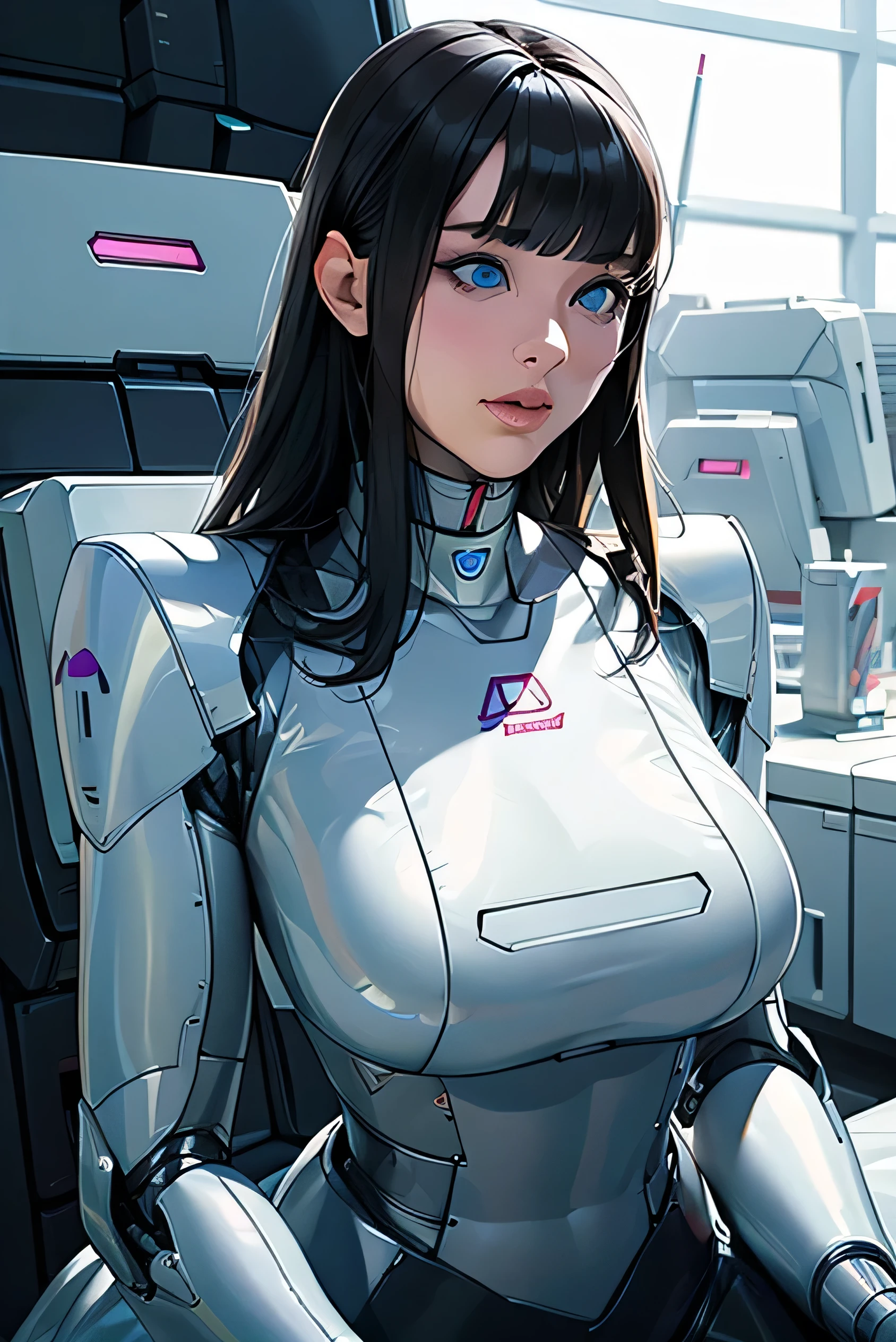 masterpiece, best quality, Japaese Cyborg Girl,Plump , announcer,control panels,android,Droid,Mechanical Hand, ,clothes with a sense of mechanical technology, Robot arms and legs, Black Robot Parts,Black hair,Mechanical body,Blunt bangs,White abdomen,White robotics parts,tube dress,perfect robot woman,perfect android woman, perfect mechanical woman,future laboratory,android factory,cyborg factory,robot factory,cyber pank,charging spot,long tube,thick cable connected her neck,bowing,maintainance her,repaired her,blue eyes,dark black tights,a bit chubby