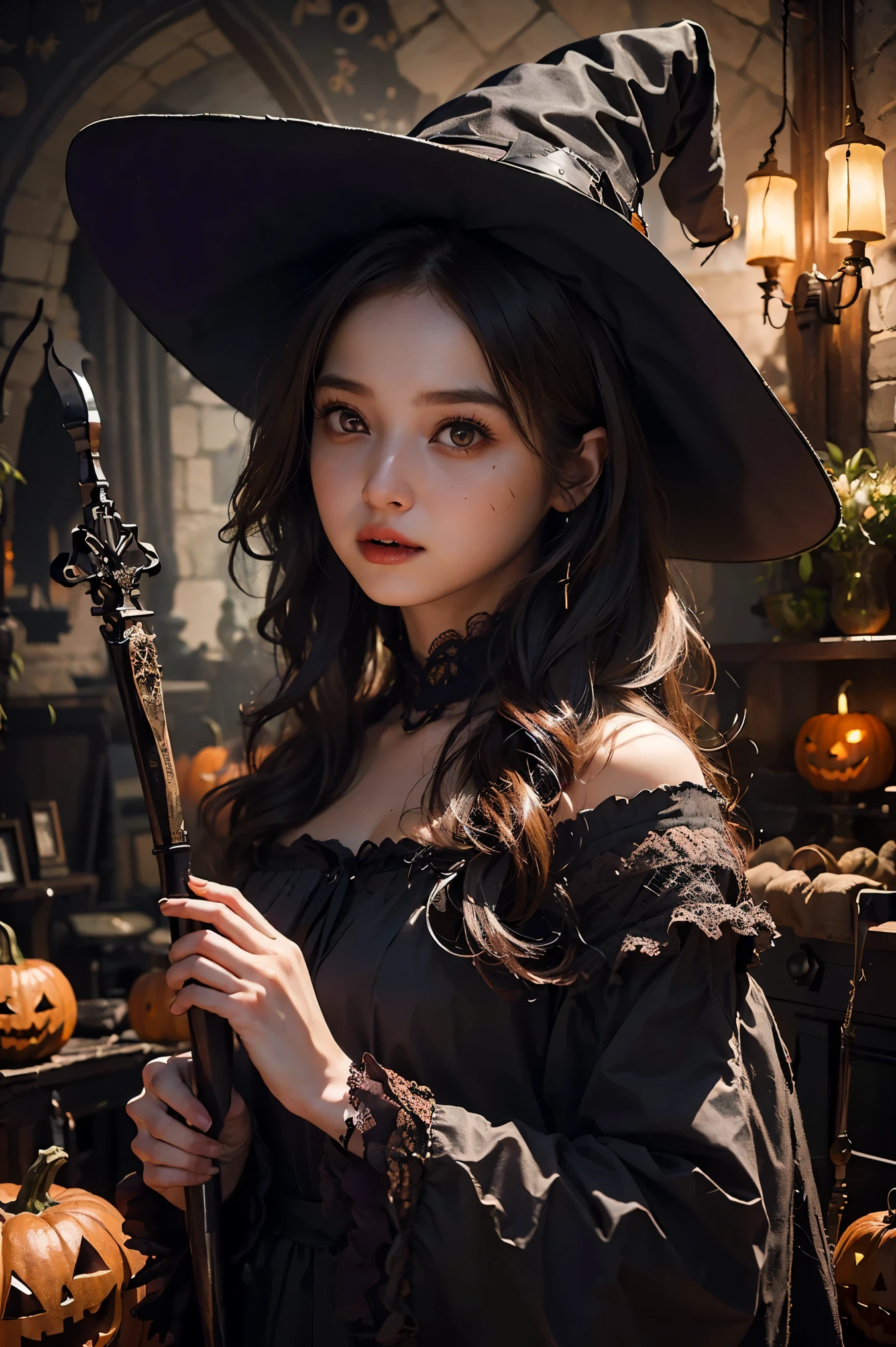 (((Best quality, 8k, Masterpiece: 1.3)), ((best quality)), ((masterpiece)), (detailed), photorealistic, perfect face, woman with brown hair is dressed in a Halloween witch costume. She wears a stylish black witch's hat with a slight tilt, a flowing dark dress with subtle lace details, and carries a small broomstick. Her makeup is elegant, with a hint of dark lipstick, giving a mysterious yet charming look. The background is a Halloween-themed setting with dim lighting, pumpkins, and a spooky but chic atmosphere, capturing the spirit of Halloween night.