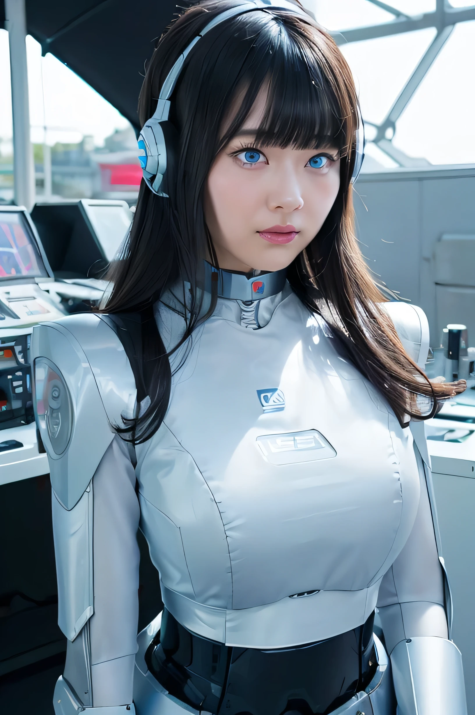 masterpiece, best quality, Japaese Cyborg Girl,Plump , announcer,control panels,android,Droid,Mechanical Hand, ,clothes with a sense of mechanical technology, Robot arms and legs, Black Robot Parts,Black hair,Mechanical body,Blunt bangs,White abdomen,White robotics parts,tube dress,perfect robot woman,perfect android woman, perfect mechanical woman,future laboratory,android factory,cyborg factory,robot factory,cyber pank,charging spot,long tube,thick cable connected her neck,bowing,maintainance her,repaired her,blue eyes,dark black tights,a bit chubby