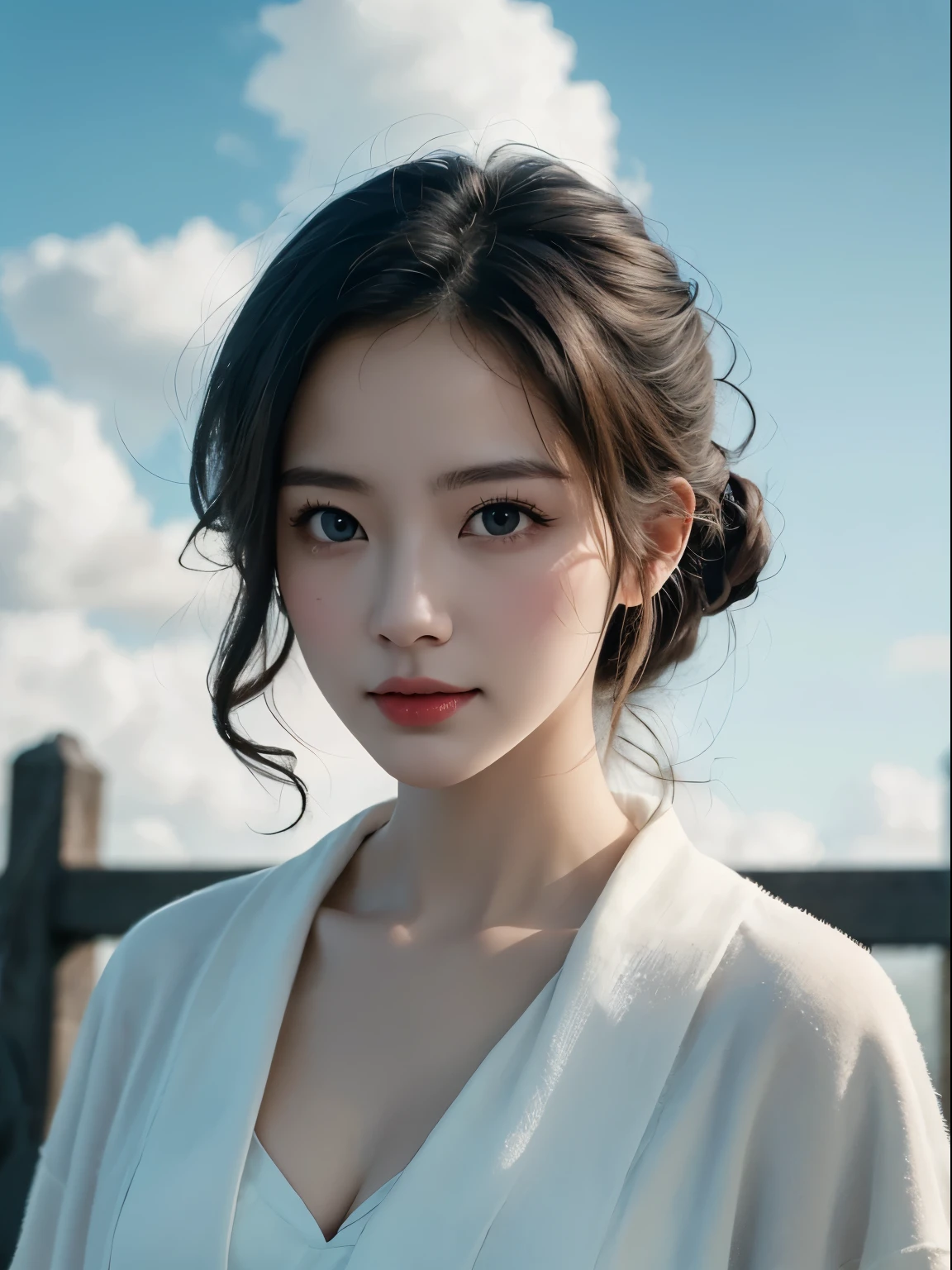 Chiaroscuro, Cinematic lighting, A high resolution, Best quality, 4K, High quality, High details, Super detail, Masterpiece，with blue sky and white clouds，youthfulness，tall nose bridge，Raised sexy，longblackhair，Girl，ssmile，adolable，robe，palaces