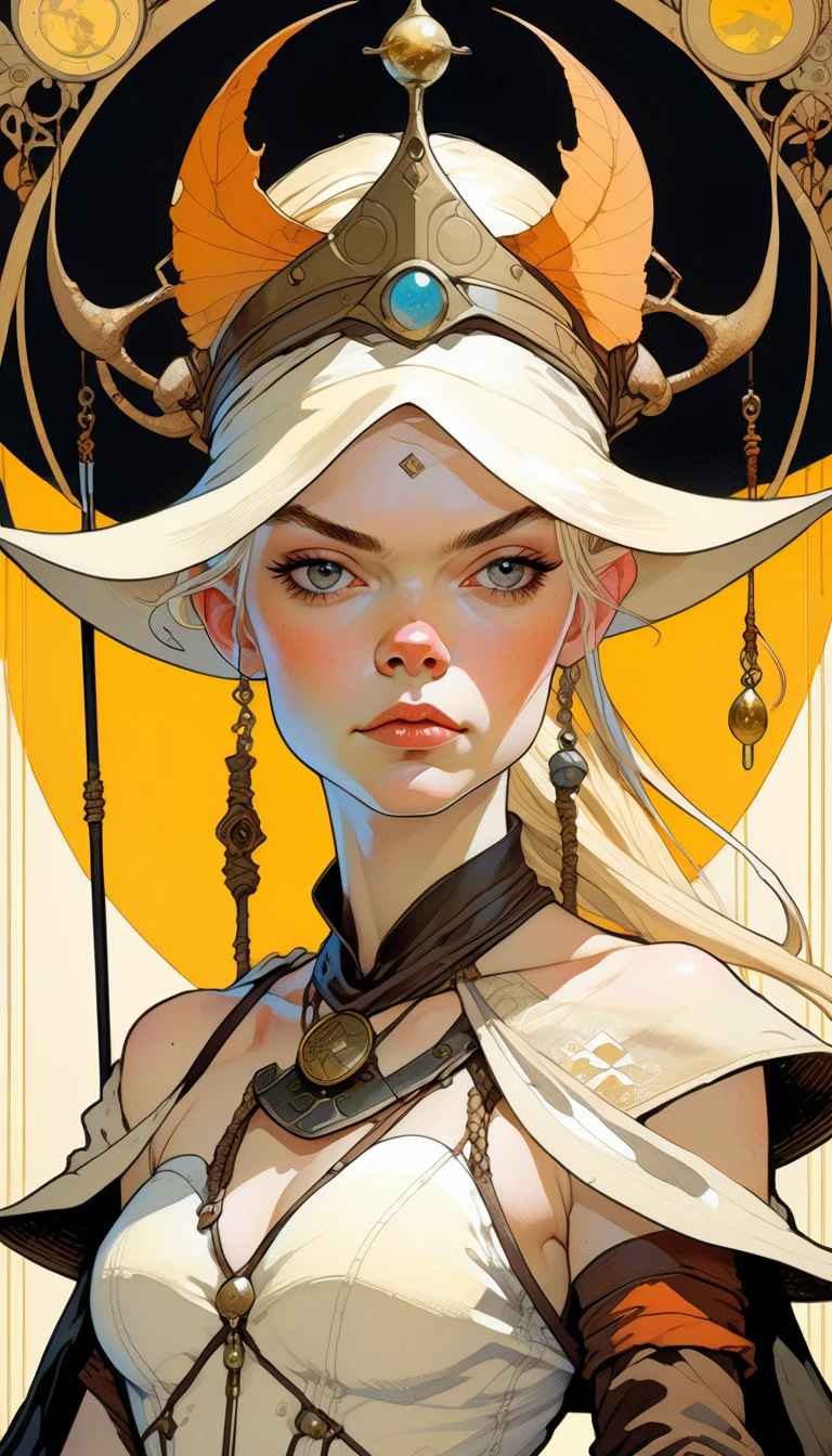 oil painting: by Jean-Baptiste Monge and Tomer Hanuka, Beautiful Warrior Queen Tarot Card, Fractional Magic, ink line art, poster for, Model Elle Fanning, cgsociety, fantasy art, details illustration, undercover, masterpieces, details, Too realistic, Eremet in symbolism and surrealism, intricate design, intertwined., beautiful woman, astel colors.