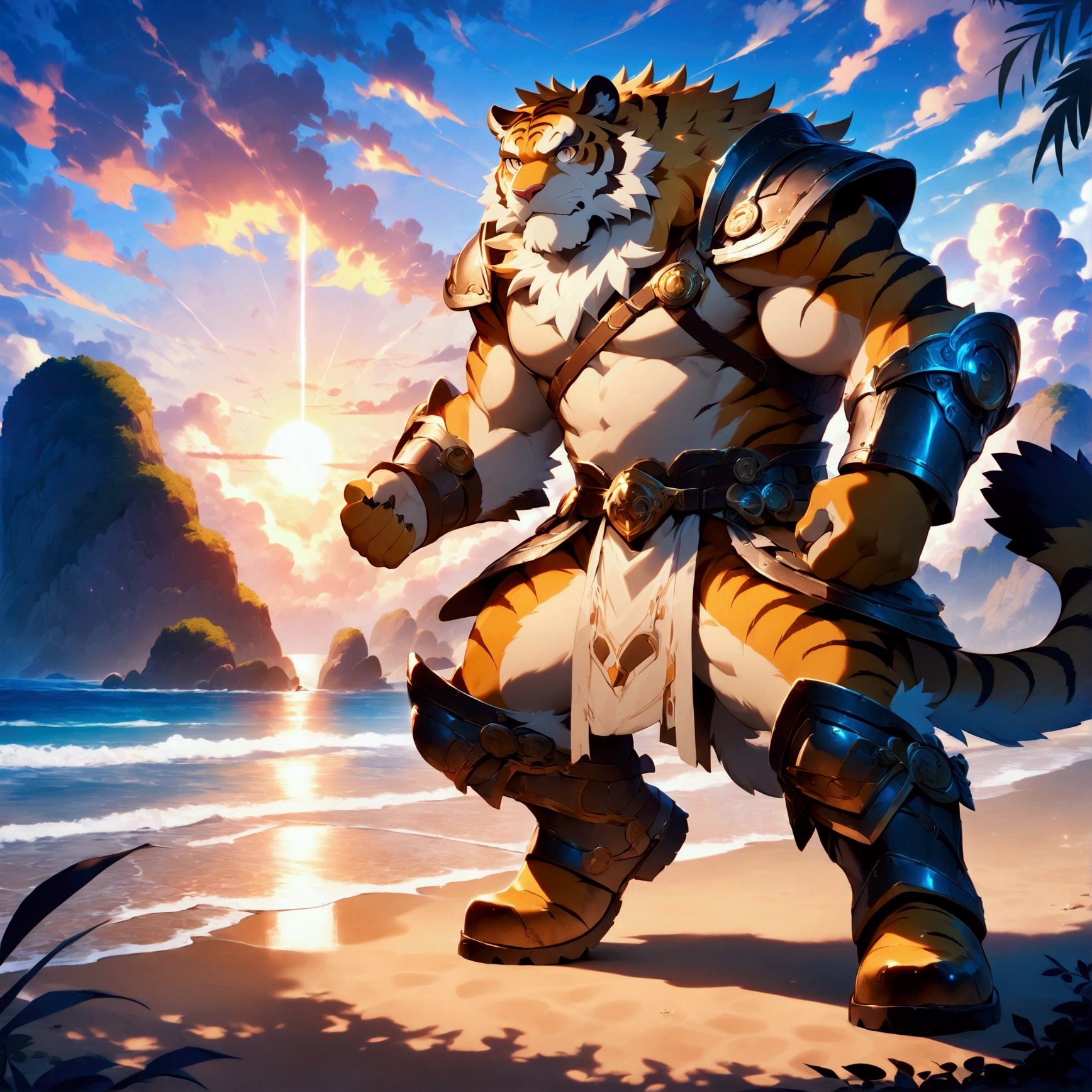 character focus, full body, looking away, various angle, european fantasy, a plump middle-aged tiger man, clothed, heroic costume, full armor, pants, dynamic pose, BREAK complete anatomy, perfect proportions, beautiful thigh gap, fluffy body, intricate fur details, beautiful fur texture, BREAK a detailed tiger tail, detailed boots, detailed foot, detailed hands, 5fingers, 5fingers nails, BREAK aesthetic anime face, insanity detailed face, male face, big face, square jawline, aesthetic anime eyes, detailed brown eyes, detailed brown cornea, detailed dark brown irises, detailed pupils, male eyes, big eyes, male eyebrows, innocent look, beautiful beard, BREAK full body in Michelangelo Buonarroti style, digital illustration anime, housamo style, detailed painting landscape, beach, path, outdoor, full color, HDR, BREAK masterpiece, official art, best quality, very aesthetic, absurdres, super fine illustration, great quality, BREAK noise reduction, very highres, large filesize, high quality, 32K, 8k wallpaper, dynamic lighting, BREAK insanity detailed, ultra detailed, intricate details, extremely detailed, detailed texture, an extremely delicate and beautiful, BREAK osukemo, e621 illustration, Fur Affinity illustration, kemohomo, anthropomorphic, furry, cartoon, harmonious body, pastoral face, virtuous eyes, epic atmosphere