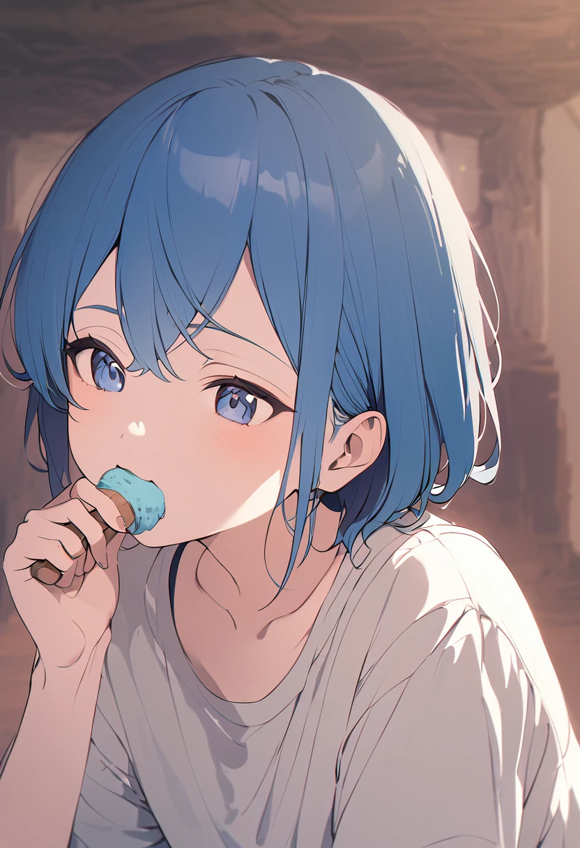 A thin boy with blue hair eating ice cream