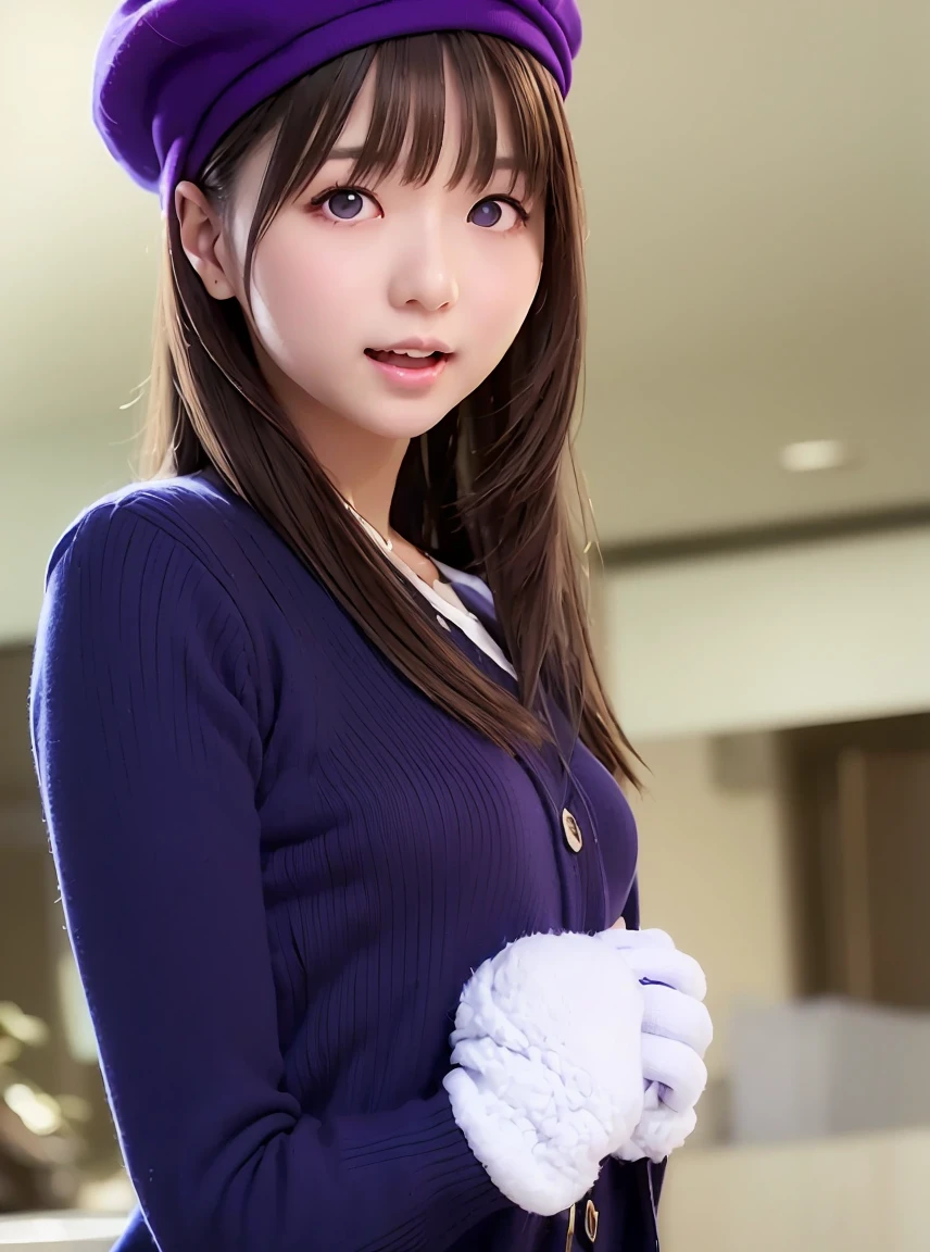   high resolution ,In 8K, highest quality, Details,Semi-realistic anime, D Anime Style , Smooth Anime CG , one girl playing pranks,19-year-old Japanese woman,slim,modeling,VERY STRAIGHT HAIR , medium hair, pink sparkling lips , Shiny brown hair, Detailsな顔,Beautiful and  Details, ((Round eyes)),(( deep blue-purple glowing eyes)),(Shut your mouth.),(Laughter), (white small beret ),(冬clothes, Red long coat, Mittens, Gloves, Long pants)
