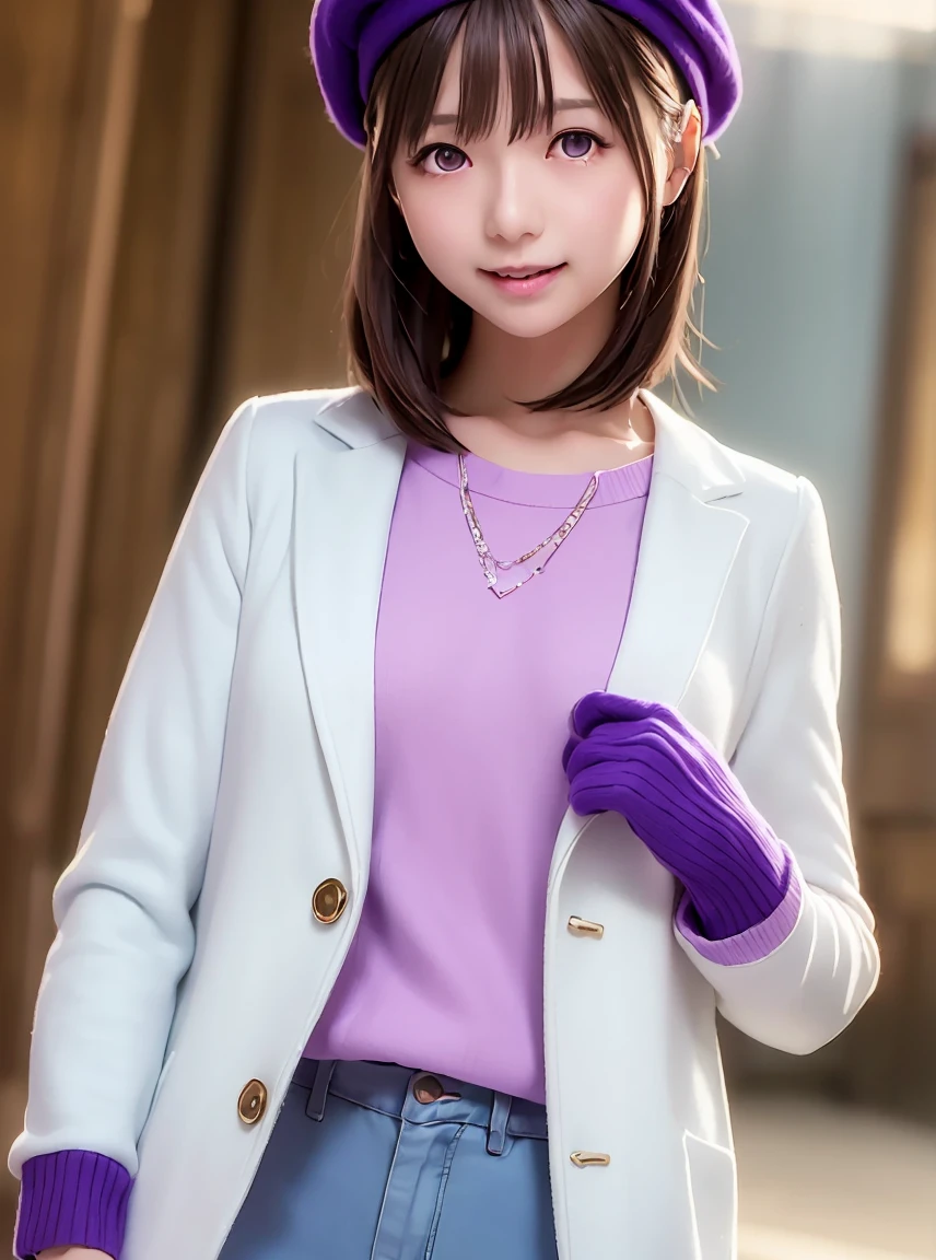   high resolution ,In 8K, highest quality, Details,Semi-realistic anime, D Anime Style , Smooth Anime CG , one girl playing pranks,19-year-old Japanese woman,slim,modeling,VERY STRAIGHT HAIR , medium hair, pink sparkling lips , Shiny brown hair, Detailsな顔,Beautiful and  Details, ((Round eyes)),(( deep blue-purple glowing eyes)),(Shut your mouth.),(Laughter), (white small beret ),(冬clothes, Red long coat, Mittens, Gloves, Long pants)
