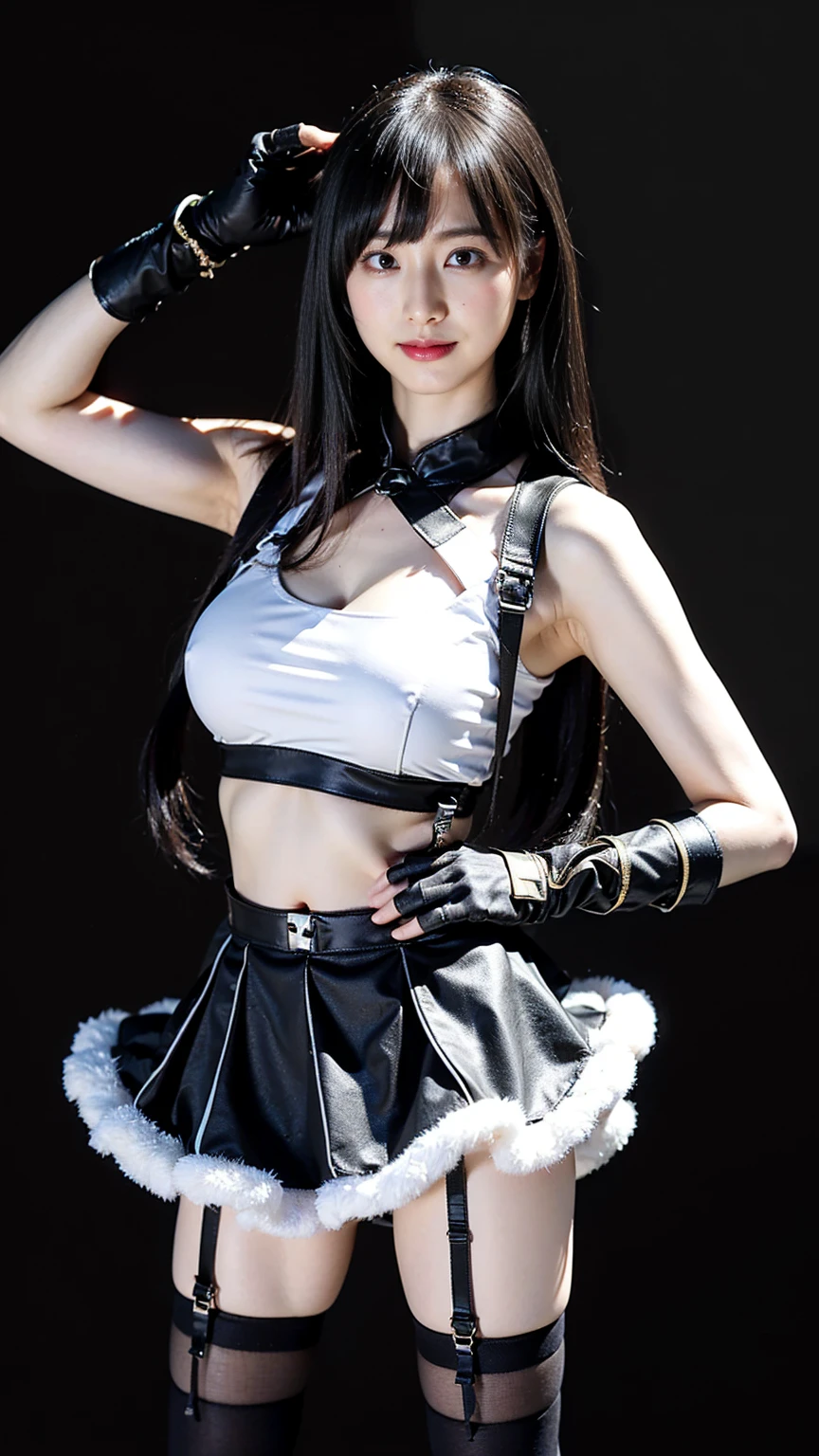 8K resolution, masterpiece, Highest quality, Award-winning works, unrealistic, tifa lockhart, 20-year-old, sexy college school girl, black long hair, beautiful Perfect Face, Soft Skin, Perfect Face, Yasutomo Oka's painting style, 165cm tall, Three sizes are 92/60/88, lime green uniform, white silk camisole, deep Cleavage, skyblue very long skirt with many pIeats, black garter belts, knee high socks, black pumps, details, Splash screen,Sharp eyes, crystal blue eyes, pink lips, BREAK, White Silver, dynamic sexy poses, Sweat, Strong winds, standing alone on station platform, waiting for train coming