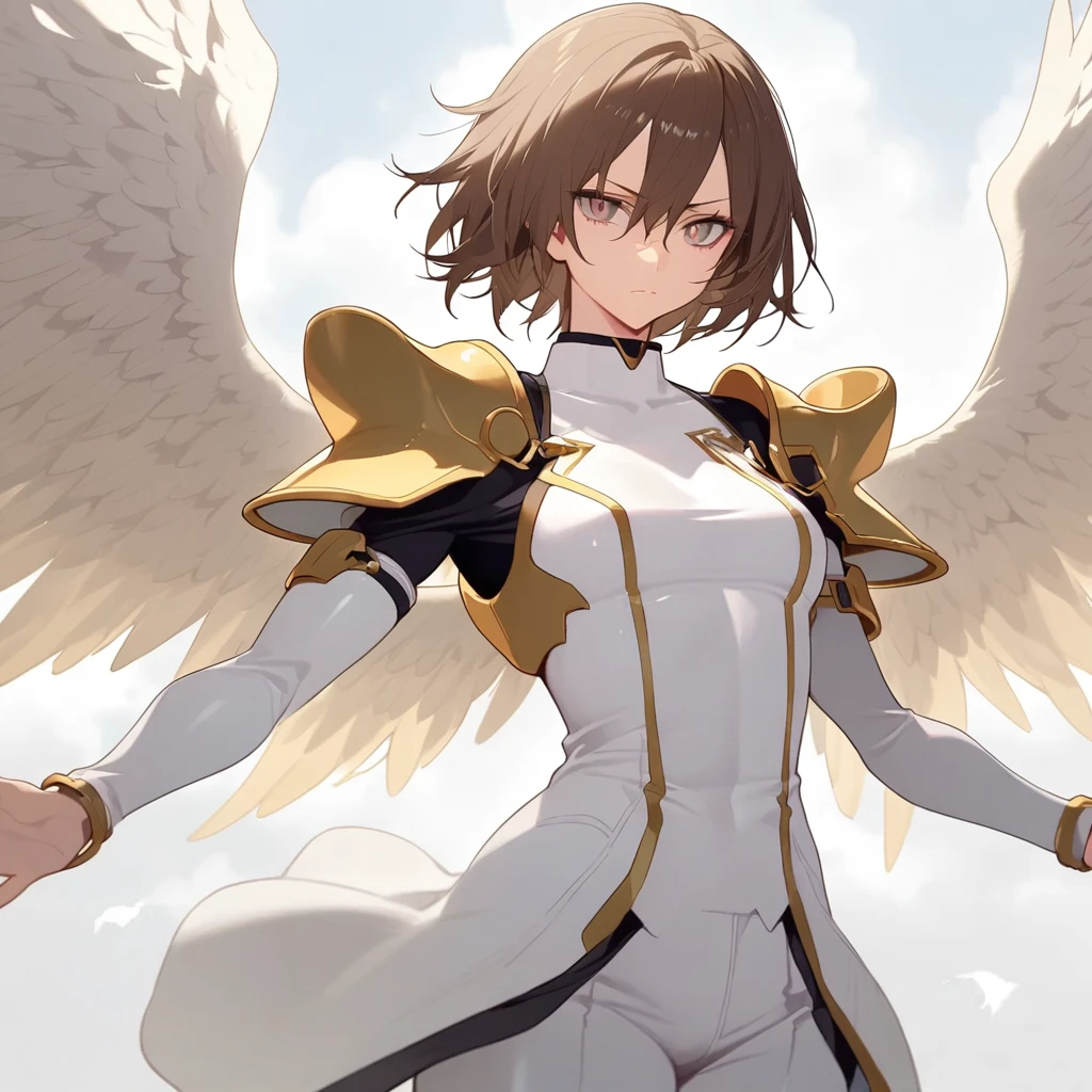 Angel, Dark-skinned man,  slim build,white suit, golden shoulder pads,  brown hair , gray pupil, Six wings