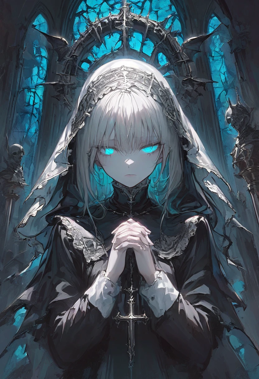 illustration, best quality, 1girl, silver-haired nun with bright cyan glowing eyes, wearing a dark nun outfit with veil, praying with hands clasped, solemn expression, dimly lit church dedicated to demon worship, large demonic statue in background, no windows or stained glass, only light from candles on candelabra, dark and oppressive atmosphere, sense of despair and hopelessness, gothic and eerie vibe, shadows casting across cracked walls