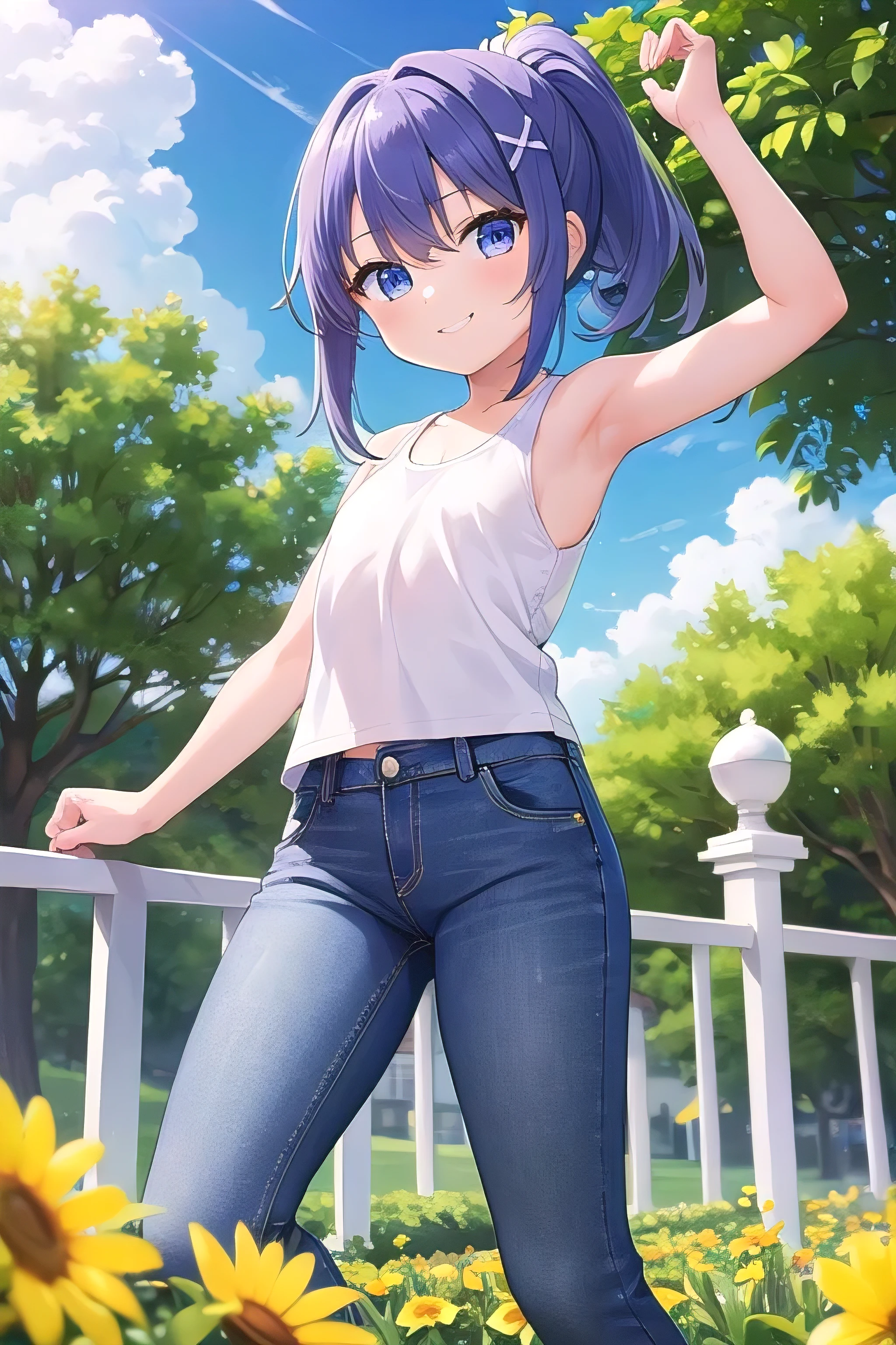 masutepiece, Best Quality, hight resolution, ram1, 1girl in, Solo, Remu \(Re:Staynight\), Blue hair, white thighhig, Short hair, Red Eyes, Hair over one eye, Ribbon trim, Hair Ribbon, X Hair Ornament,爆乳、 masutepiece, superfine illustration, (masutepiece, Best Quality), (Photorealistic:1.37), Raw photo, hight resolution, (high detailed face), Frontal,
((((1girl in)))), ((( Solo ))), Japanese, delicate and pretty, Perfect face, Beautiful detailed eyes, ((Smile)), Fair skin, Real Human Skin, Pore, ((((13 years old )))), ((( kawaii, Petit ))), ((tiny chest)), Baby face,(((Ponytail))),BREAK with black hair wearing gym clothes,(Bloomers:0.7), Standing in the schoolyard,
