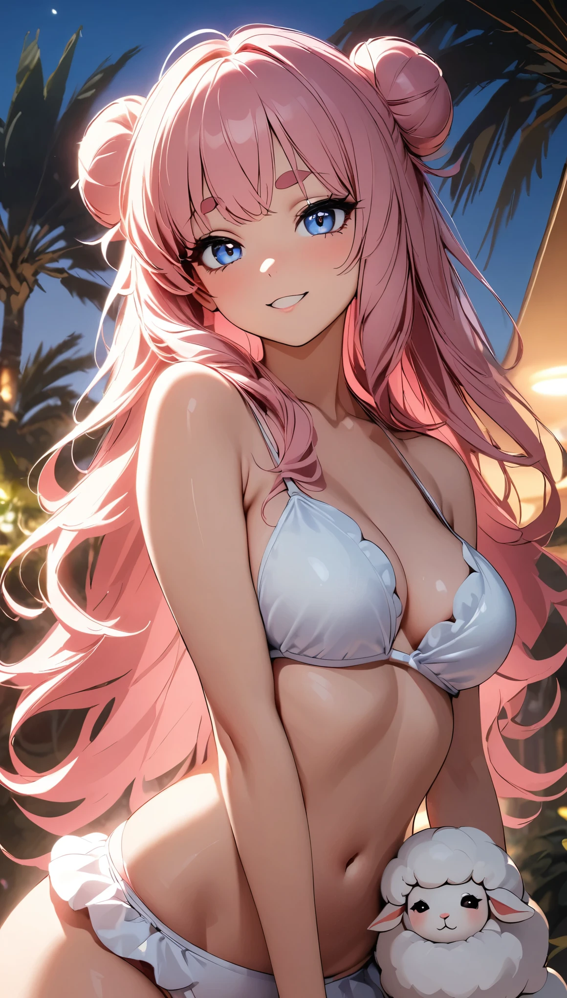 Woman in bikini, 1 female, Sheep Lady, Cute Sheep , Fluffy Hair, Long Hair,  Sheepskin Hair , Pink Hair, double bun, Thick eyebrows, Big Eyes，Sheepskin Bikinis ,  Fluffy Furry Bikinis,  Random Poses , Resort hotels, Cuddle up to sheep,  Cinematic Lighting, Impressive composition,  chiaroscuro , Obscene, Alluring, Sensual Vibes , Detailed park environment, (Best Quality, 8k,  very detailed,  attention to detail, masterpiece:1.2)