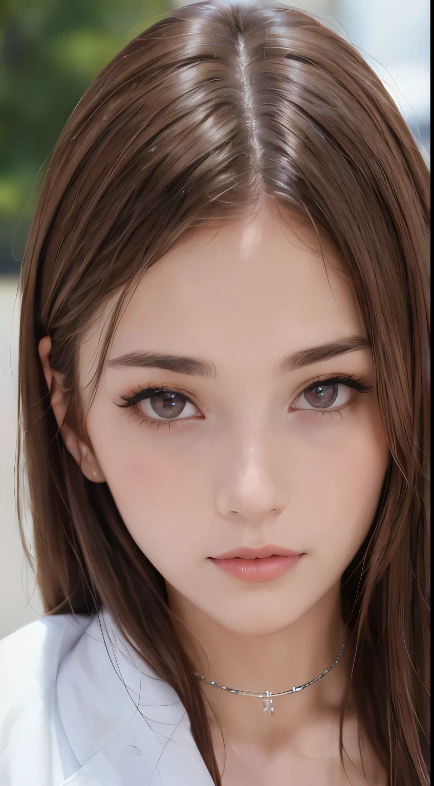 1womanl, (up of face:1.5), light brown hair, Blunt bangs, hair behind ear, hair over shoulder, Long hair, Ultra Fine Face, Thin face, Delicate lips, (beautidful eyes:1.5), thin blush, eyes are light brown,View here, Ultra-thin hands, Ultra-fine fingers, best ratio founger and one thumb, white jaket, a choker ,(Port Area) ,One-person viewpoint, 8K, masutepiece, nffsw, Super Detail, High quality, Best Quality, hight resolution,