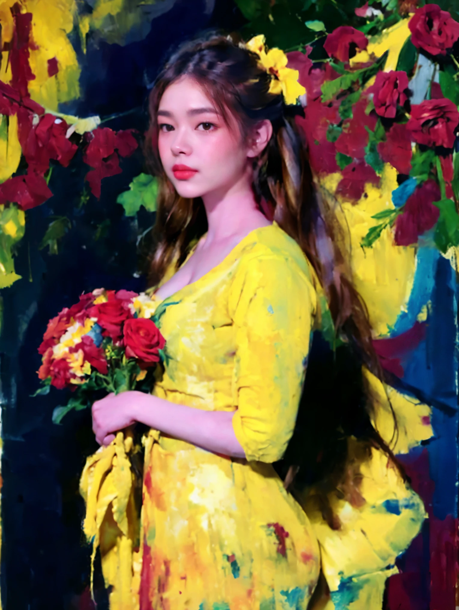 portrait,1girl,solo,dress,holding bouquet,very long hair,red flower,brown hair,red rose, yellow floral dress,((dyeing)),((oil painting)),((impasto)),