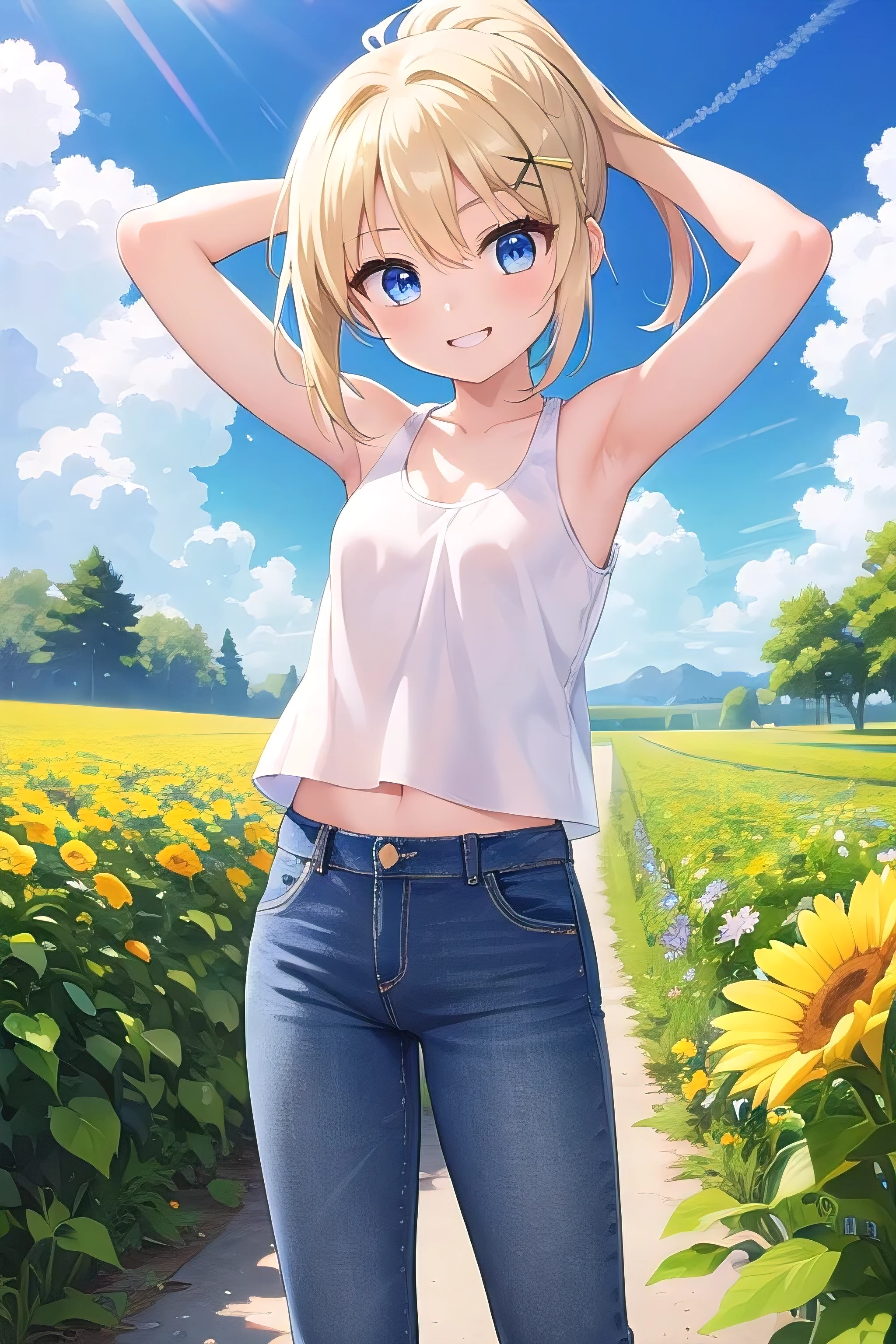 masterpiece,best quality,ultra detail,1girl, ****,petite,smile happy,flower garden,sunshine,cloud,ponytail hair, blue eyes, blonde hair, hair ornament, x hair ornament,Raise your arms and behind your head,White teeth, white tank tops,jeans, 