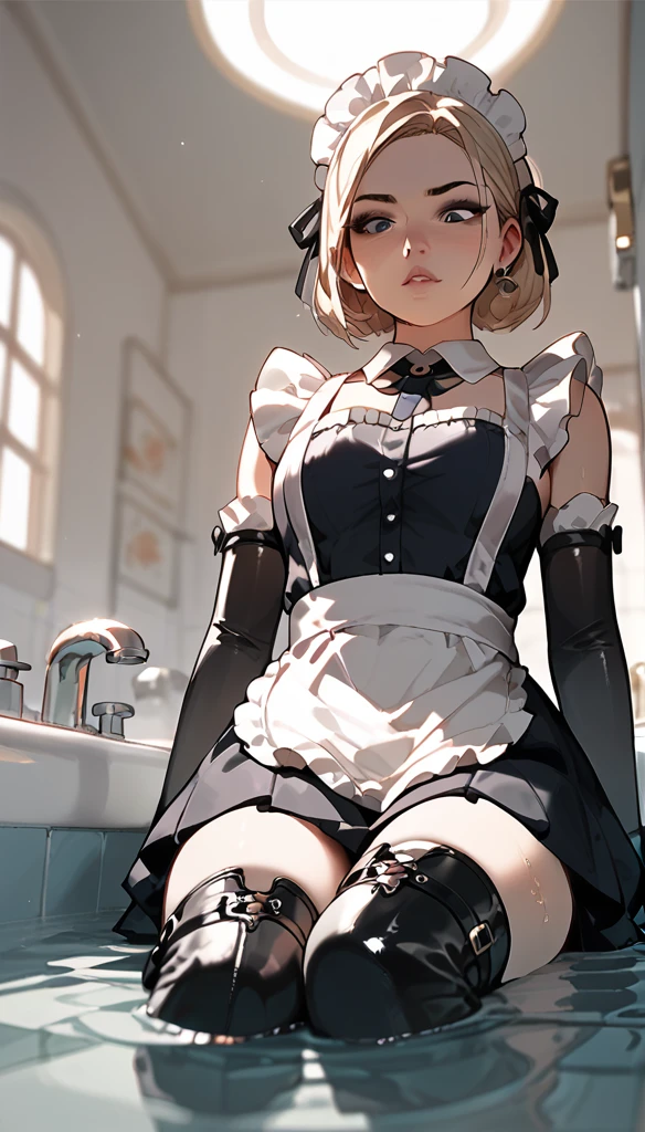 Anime Women,  maid clothes, Thigh boots drowning in the bath, elbow gloves, Alone, straddling on face, Push your head under the bath water, From below, looking down, Point of View Shot