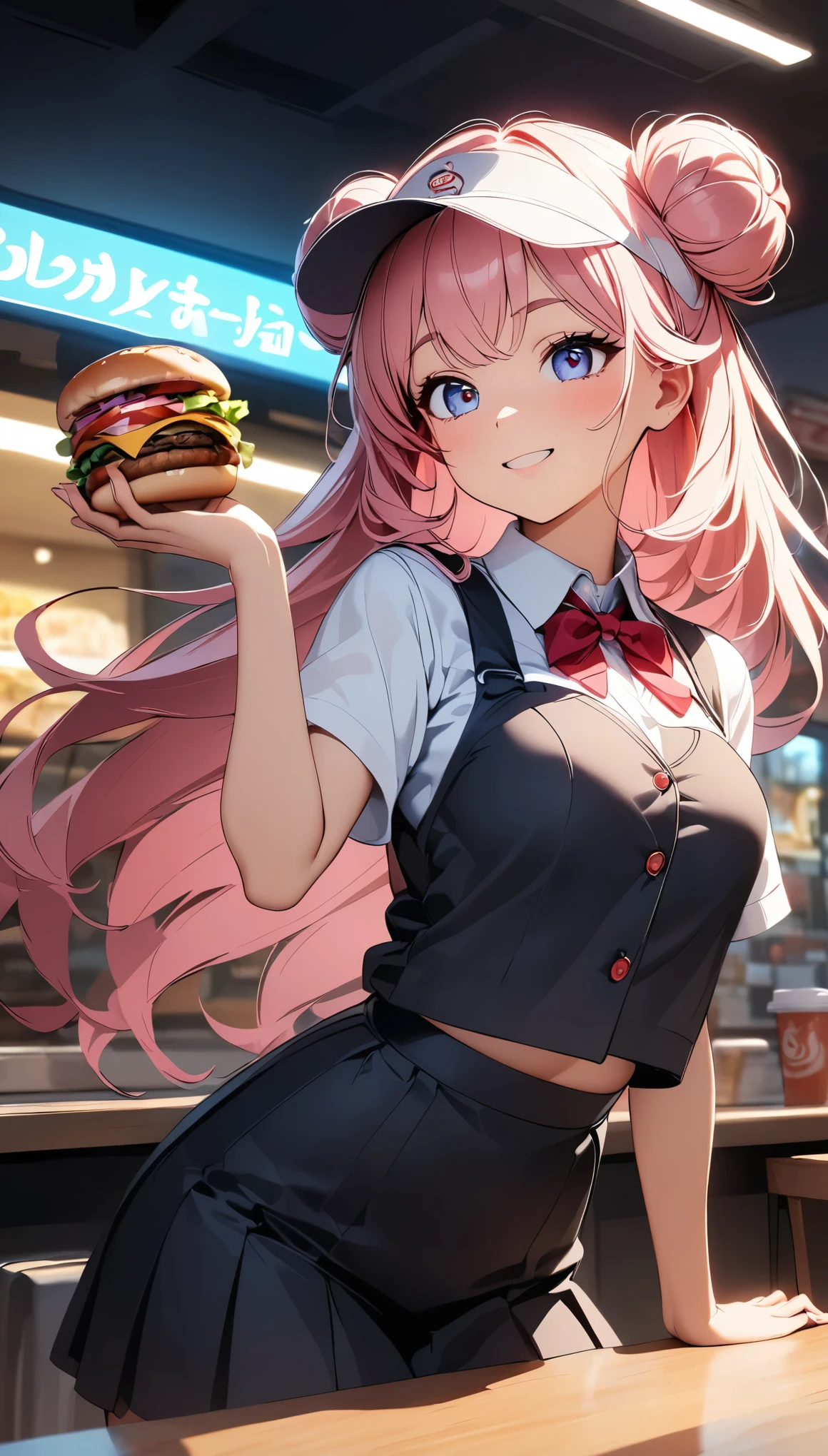  fast food restaurant の女性, 1 female, Sheep Lady, Cute Sheep , Fluffy Hair, Long Hair,  Sheepskin Hair , Pink Hair, double bun, Thick eyebrows, Big Eyes，Burger shop uniform , Wear a visor ,  colorful shirt,  Random Poses ,  fast food restaurant ,  hamburger shop ,  Cinematic Lighting, Impressive composition,  chiaroscuro , Detailed In-store Environment , (Best Quality, 8k,  very detailed,  attention to detail, masterpiece:1.2)