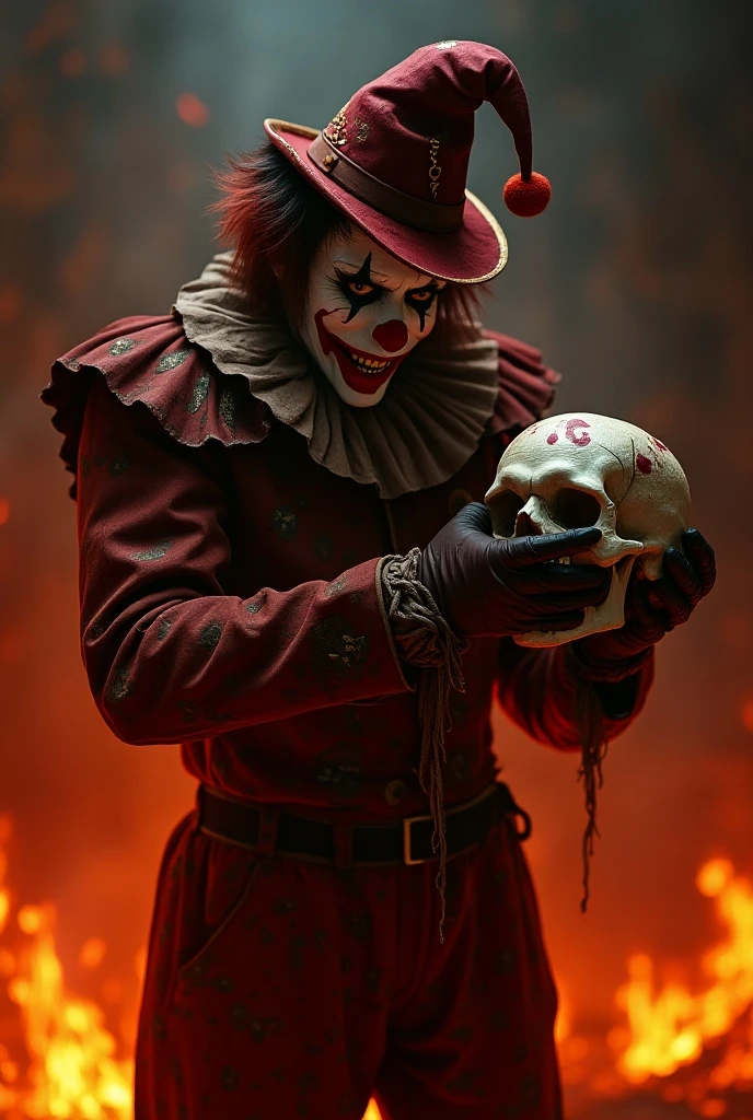 A circus clown assassin demon with a terrifying smile playing with a human skull ,hell fire ,hell