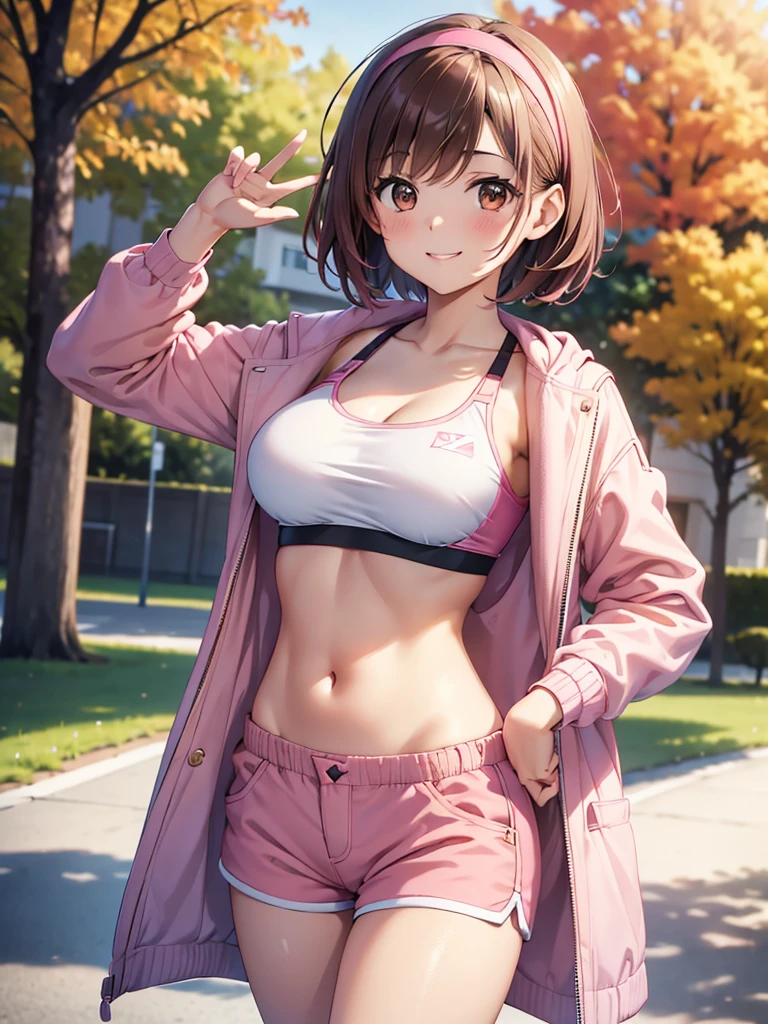  high resolution,cute, Brown Eyes ,Brown Hair,20-year-old woman,solo,Five beautiful fingers, pink sports bra , pink shorts,I'm wearing a pink hair band,smile,B Cup, short hair, looking at the camera ,Blurred Background,Autumn park, long coat ,