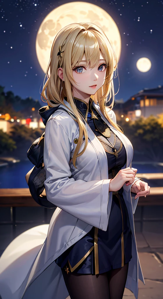 masterpiece,           High image quality         , 4K, Beautiful design,      silhouette，blonde， 非常に詳細な夜のStarry Sky,，     wonderful, delicate details,       Extremely Knowledgeable Woman               , Highly detailed solo, 1 female,Big Breasts，white down coat   ，Night view，Starry Sky，full moon，