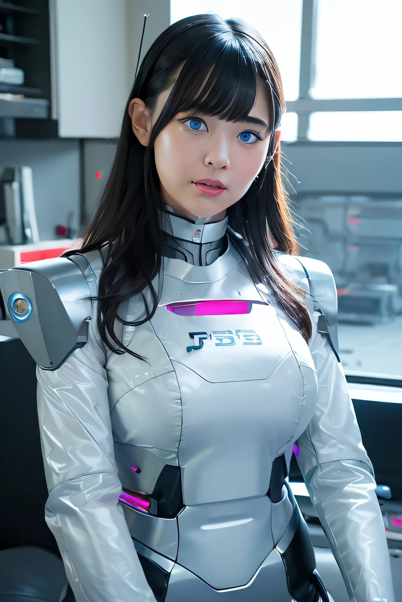 masterpiece, best quality, Japaese Cyborg Girl,Plump , announcer,control panels,android,Droid,Mechanical Hand, ,clothes with a sense of mechanical technology, Robot arms and legs, Black Robot Parts,Black hair,Mechanical body,Blunt bangs,White abdomen,White robotics parts,tube dress,perfect robot woman,perfect android woman, perfect mechanical woman,future laboratory,android factory,cyborg factory,robot factory,cyber pank,charging spot,long tube,thick cable connected her neck,bowing,maintainance her,repaired her,blue eyes,dark black tights,a bit chubby