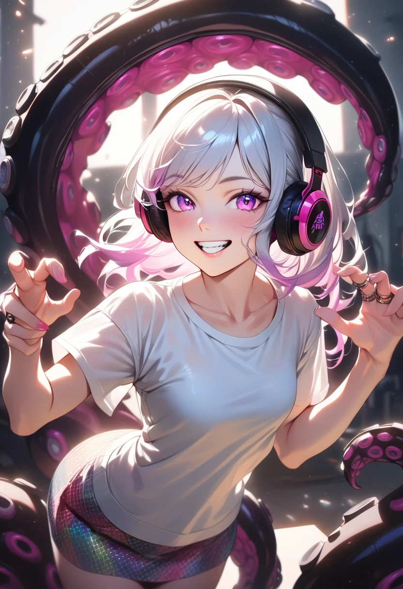 masterpiece, 最 high quality,  high quality,  1 girl, ( Splatoon Ink Ring,  Transparent Tentacles ,   translucent white shirt  ,  Subsurface Scattering ),  gradation hair,  headphones,   great composition , Amazing lighting, High saturation, Vibrant,  Argyle Pattern ,   Realistic Lighting,  high resolution, Modern Patterned Skirt , fashionable,  fashion model full of eroticism, smile, teeth